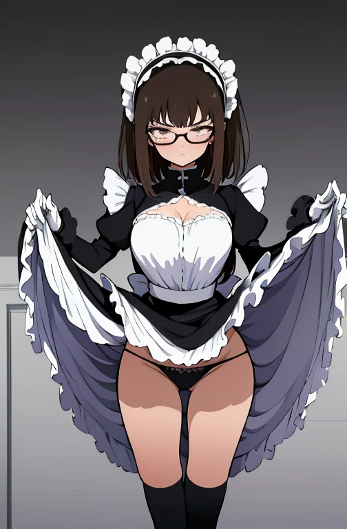 独奏, 1girl, Masterpiece, Best Quality, extremly detailed, Cinematic lighting, intricate detials, hight resolution, official arts, finely detailed beautiful face and eyes, high-resolution illustration, 8K, dark intense shadows, medium breast, long brown hair, copper hair tips, brown eyes, glasses, (swept bangs), maid uniform, dark blue dress, black shirt, puffy sleeves, long sleeves, white gloves, maid headdress, skirt lift, lace-up white panties, angry look, blushing, ((half body))