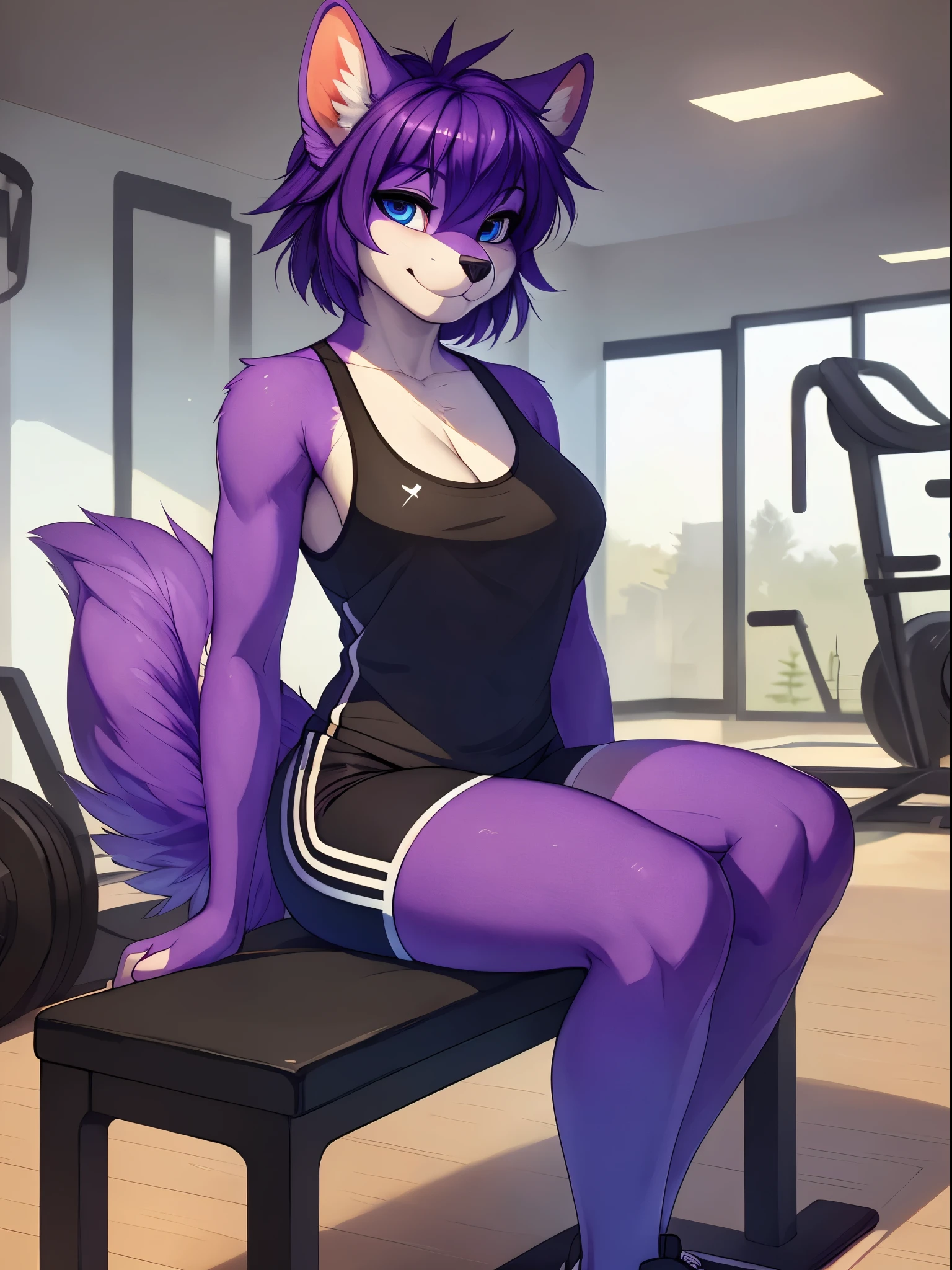 Kaori, [Uploaded to e621.net; (Pixelsketcher), (wamudraws)], ((masterpiece)), ((solo portrait)), ((furry; anthro)), ((detailed fur)), ((detailed shading)), ((beautiful 2D art)), {anthro; (purple fur, black nose), cute blue eyes, cute smile, purple hair}, {(Gym clothes), small boobs}, {(sitting on a black bench)}, indoors, inside a spacious gym with gym equipment in the background
