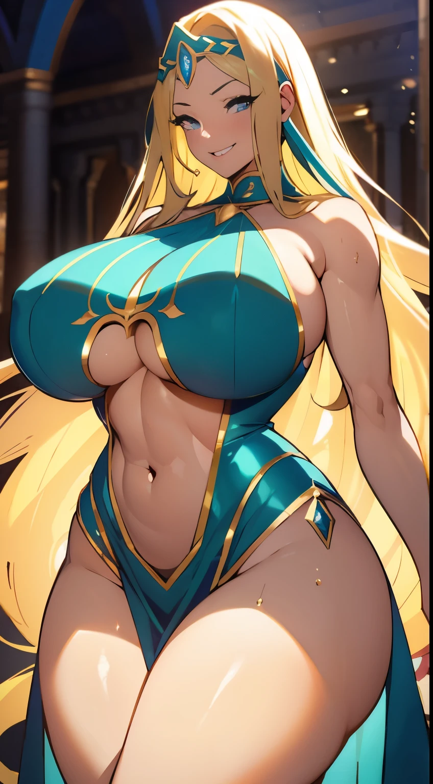 1 woman in,posing picture, (huge breasts:1.5), large breasts, goddess, big chest, Seductive Anime woman, oppai proportions, beautiful anime woman, Photorealistic, perfect body, Realistic queen, Voluptuous body, , Naughty anime style, plump, Erotic cartoon style body, Married woman's big ass, sexy of a married woman, Married woman atmosphere, mamma size, gigantic breasts, colossal breasts, ((smile)), (abdominals:1.4), doroppy breasts, 27-year-old, 7headed body, (cute face), (Ideal ratio body proportions), Wearing sweat, Smiling smile, long-hair, big breasts, beauty legs, Skinny Legs, surrealism, evening dress, medieval europe, castle bedroom,