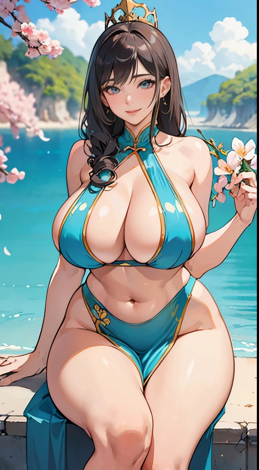 high quality, masterpiece, (photographrealistic:1.4), 8K,  big chest, Seductive Anime woman, oppai proportions, beautiful anime woman, Photorealistic, perfect body, Realistic lady, Voluptuous body, , Naughty anime style, plump, Erotic cartoon style body, Married woman's big ass, sexy of a married woman, Married woman atmosphere, mamma size, gigantic breasts, colossal breasts, ((smile)), (abdominals:1.4), doroppy breasts, 30-year-old, sexy, chinese queen costume, Pear Blossom Princess,