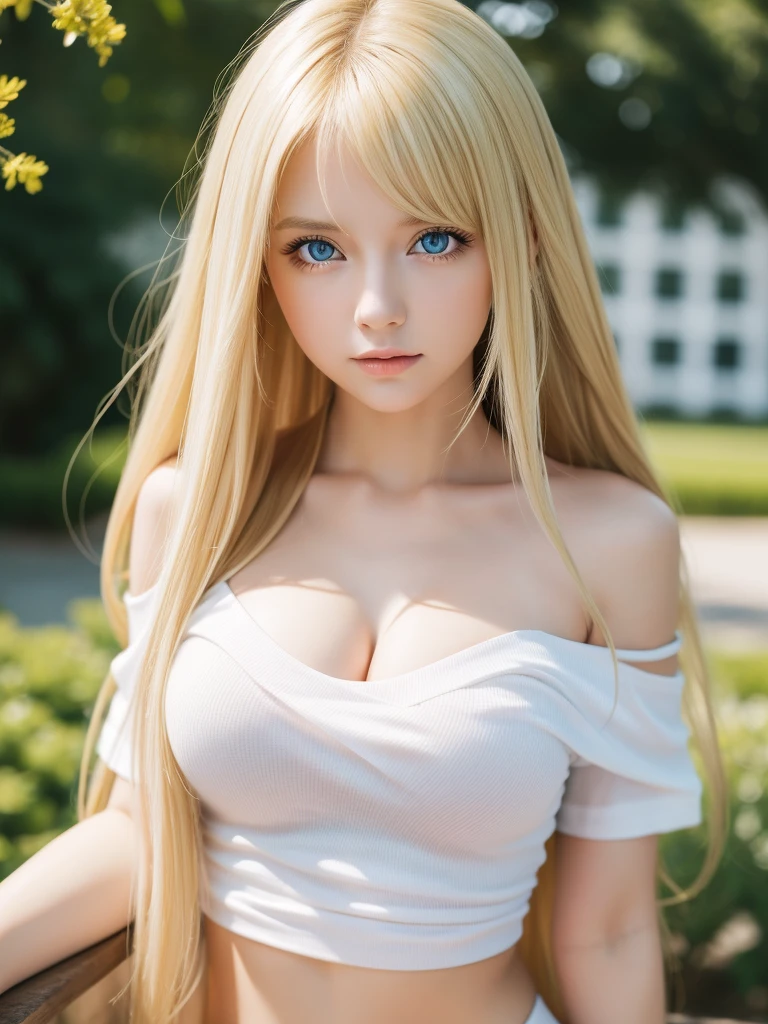 1girl in, 19, Solo, super long blonde hair, Colossal tits, Looking at Viewer, Bright blonde hair, Blonde color that changes depending on the lighting、big bright blue eyes、very big eyes、messy bangs between eyes、Bare shoulders, jewely, Full body, (Very detailed 8k wallpaper), Soft lighting, High quality, Film grain, Fujifilm XT3 sharp focus, F 5.6, high detailing, Sharp Focus,(Natural light), (gros-plan:1.2), (Seductive), off shoulder t-shirt, Realistic, A sexy