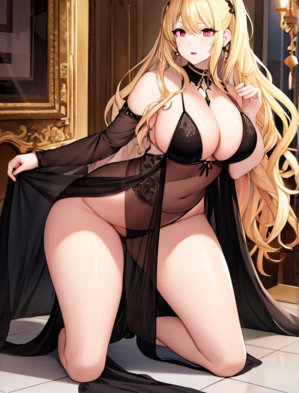 long blonde super curly hair chubby pale skin large breasts black micro bikini collar black see through gown kneeling full body side view