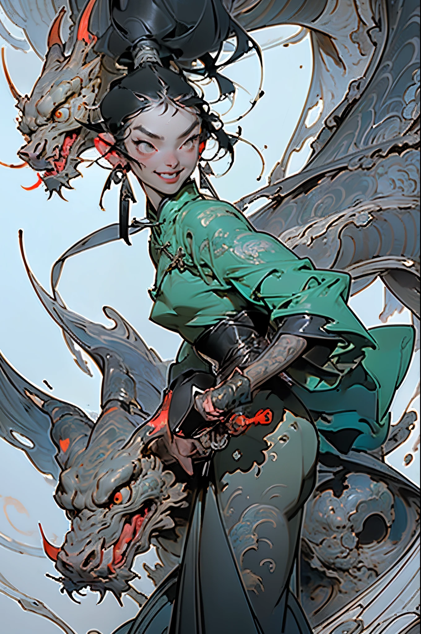 01_Green wooden dragon. Chinese style. Sculpture. A wooden sculpture, next to a cool girl in a leather corset, long dark hair, high black leather jackboots, black gloves on her hands, and metal spikes on her shoulders. Rock star, super beauty against the background of a sculpture made of wood, a green dragon - in the Chinese style., 02_ Highly detailed textures, the highest quality (Girl with white skin, in black boots with spikes and a corset (cool-sexy). Side lighting, warm light, cold shadows. Chiaroscuro, contrasting shapes, volume, and depth of the image. Slight blur in the background Dust squeaks underfoot, an old wooden sculpture, and soft lighting., 03_Highest quality, cinematic rendering. The epic setting, Chinese-style sculpture, and one character - a girl. Contrast lighting, warm light, soft - deep cold shadows. Ocher, seppia, cold lateral reflex. (Dark leather, metal, and several colors decorate the composition). The highest 3D rendering, cinema, animation, masterpiece. Unrea, black hair, french braid, crossed bangs, long hair, ponytail, smile, open mouth, Surrealism, Color Field painting, chiaroscuro, depth of field, cinematic lighting, drop shadow, UHD, retina, masterpiece, anatomically correct, textured skin, super detail, high details, high quality, award winning, highres, 16k