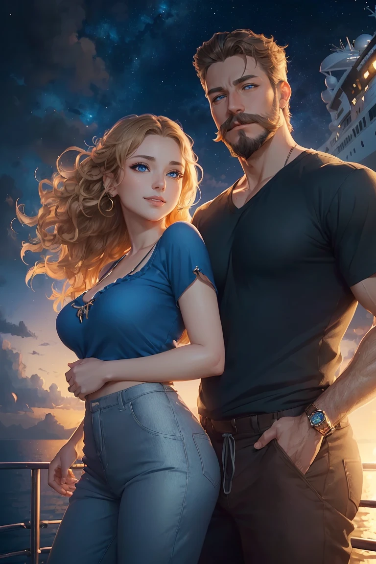 ((A smiling couple in love)), ((woman with wavy brown hair wearing a sundress small breast)), dancing  close with ((a masculine man with short blonde hair and a full blonde beard with mustache, in pants and a shirt)), (((blue eyes))), hair with many details, 8k artgerm bokeh, fanart best artstation, render photorealistic, guweiz-style art, inspired by WLOP, ig model | artgerm, detailed, stunning realistic face, beautiful, deviantart artstation cgscosiety, cinematic realistic, high quality portrait, elegant digital painting, photorealistic artstyle, ((cruise ship background)), (( night sky)), ((looking at the camera))
