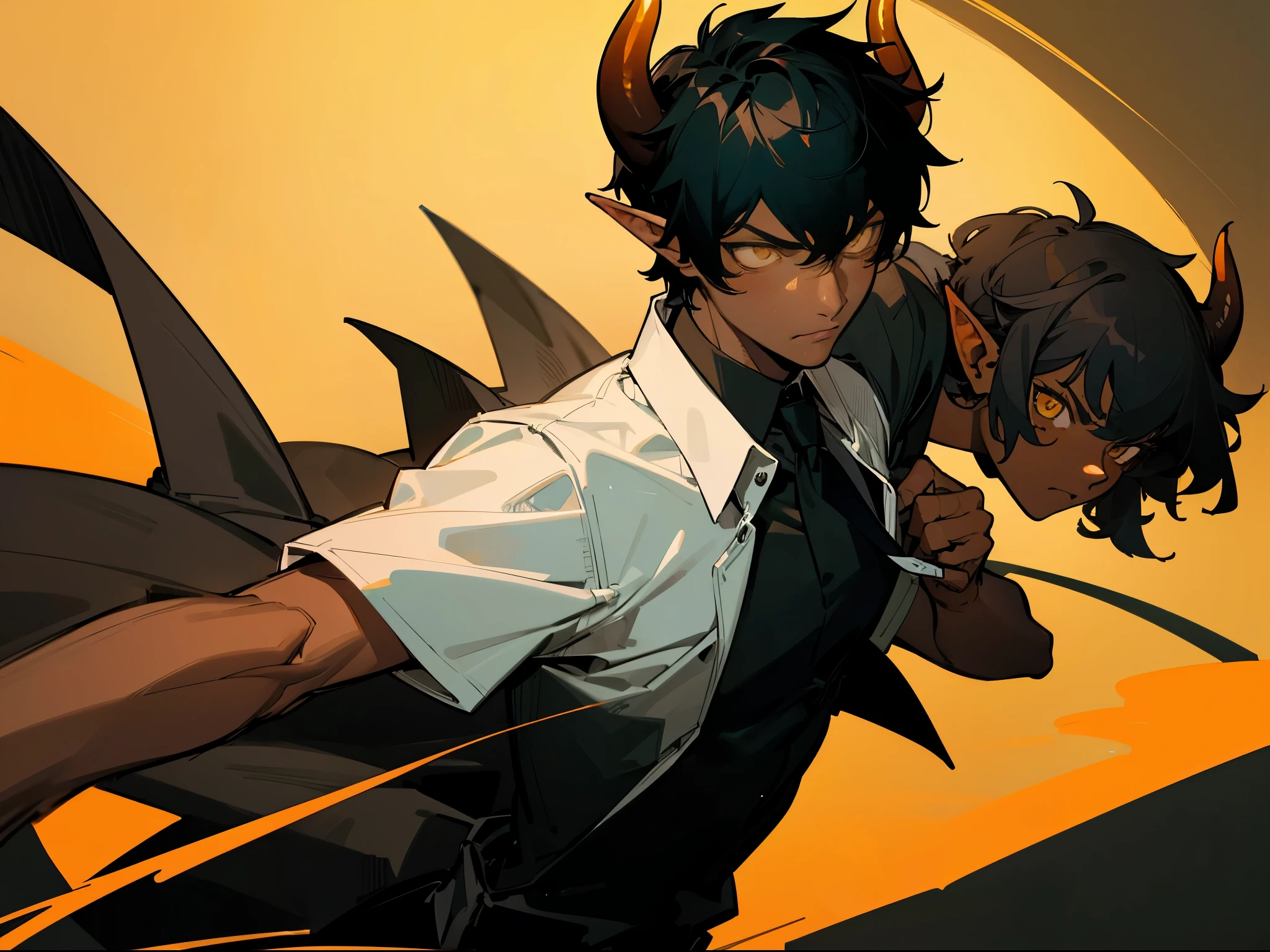 1boy,20,mature male,solo,serious,((dark skin)),((black shirt,short sleeves,black tie)),Short hair,black hair,elf ears,yellow eyes,(horns),portrait,(from front)