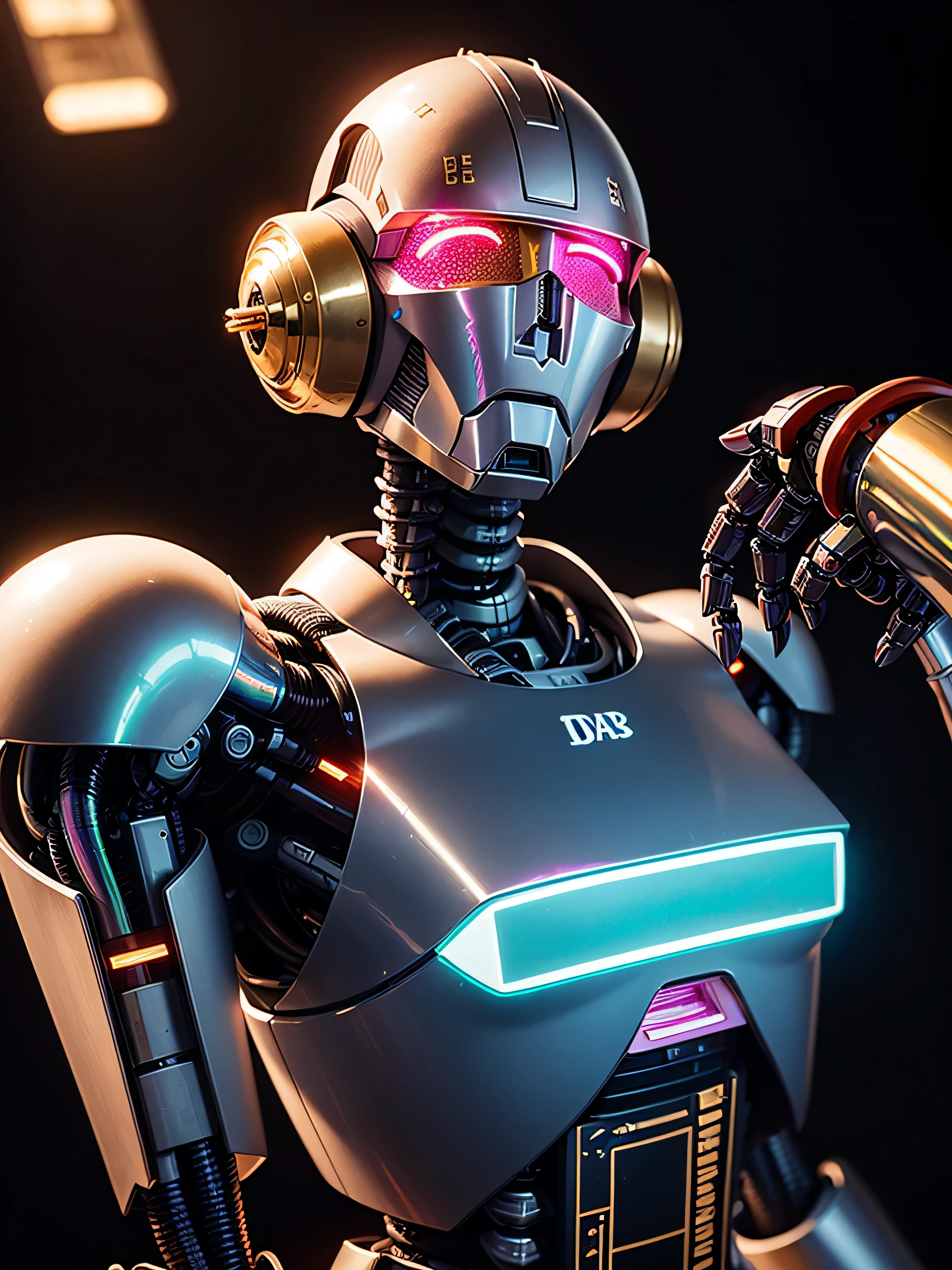 ((best quality: 1.5)) ((masterpiece: 0.8)), intricate details, sharp focus, professional, photorealistic, real life, ((((solo) masculine robot, protocol droid, ((mechanical arm, cyborg face))))) bright glow, dynamic pose, in the style of realistic and hyper detailed renderings, zbrush, hyper realistic oil, contoured shading, dark room, dark background, black background, solo, BREAK; BREAK (((((transparent glowing datapad, looking up))))), ((fujicolor)), BREAK; BREAK ((((futuristic (lacquered crimson translucent crystal armor, (wrist spike, iridescent brass))), photorealistic, hyper-realistic)))