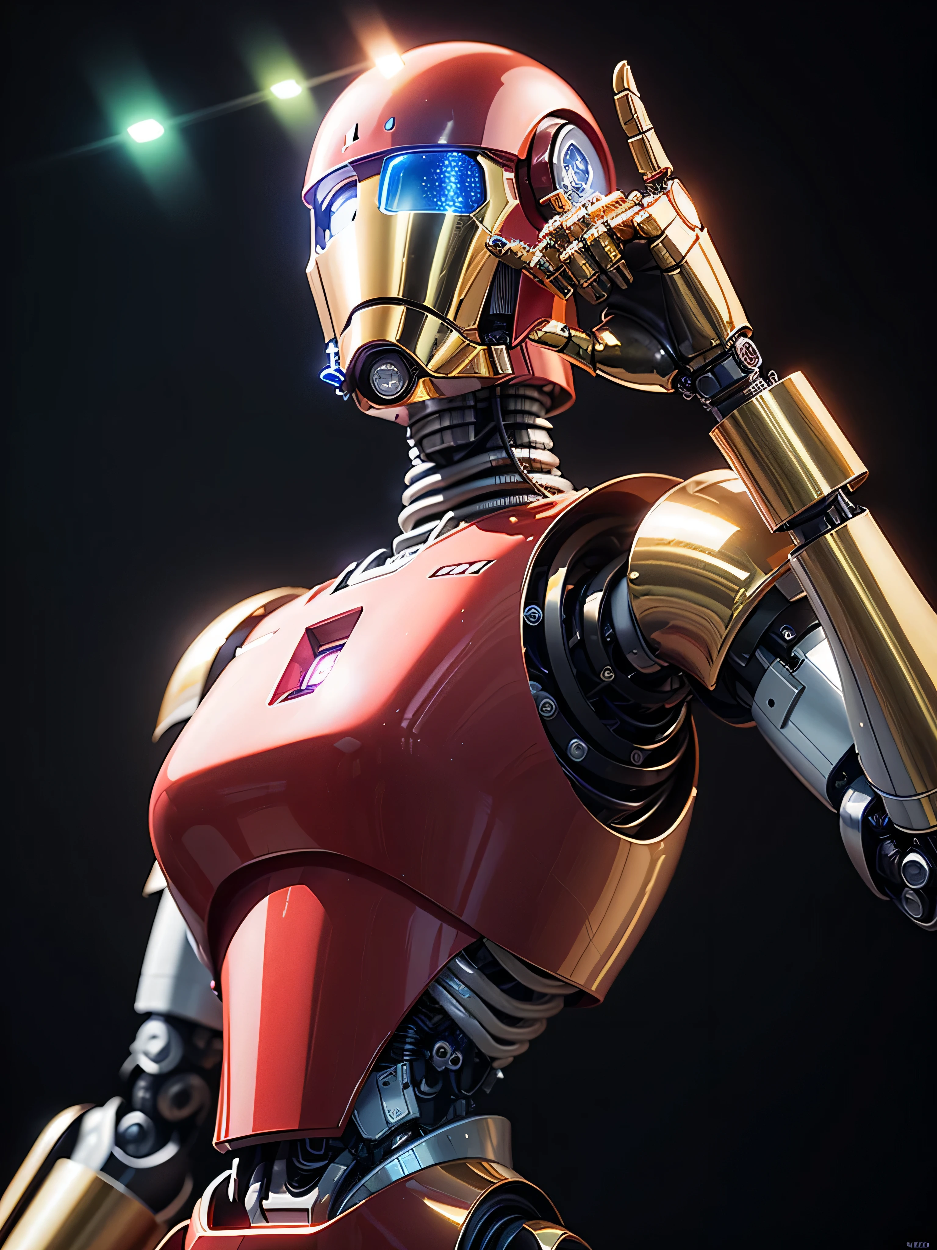 ((best quality: 1.5)) ((masterpiece: 0.8)), intricate details, sharp focus, professional, photorealistic, real life, ((((solo) masculine robot, protocol droid, ((mechanical arm, cyborg face))))) bright glow, dynamic pose, in the style of realistic and hyper detailed renderings, zbrush, hyper realistic oil, contoured shading, dark room, dark background, black background, solo, BREAK; BREAK (((((transparent glowing datapad, looking up))))), ((fujicolor)), BREAK; BREAK ((((futuristic (lacquered crimson translucent crystal armor, (wrist spike, iridescent brass))), photorealistic, hyper-realistic)))