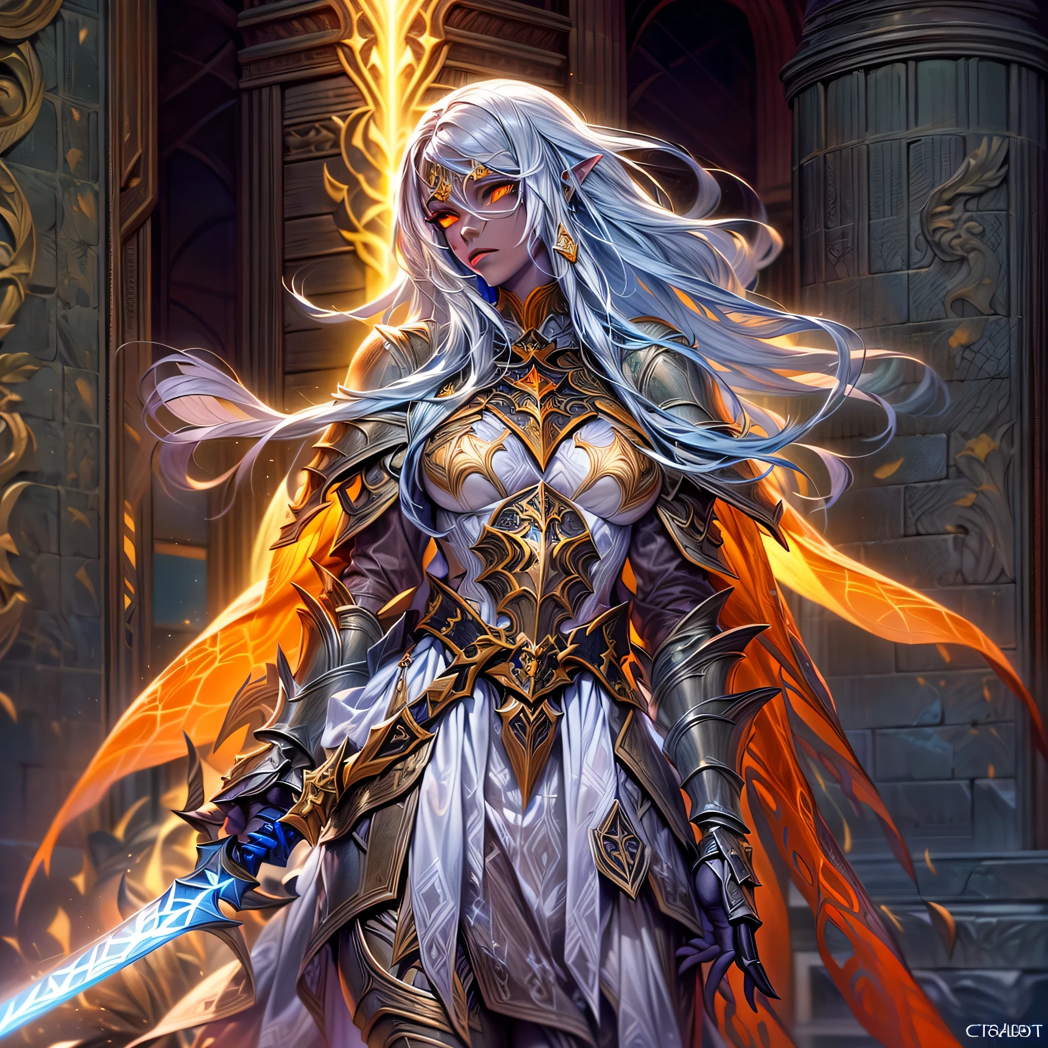 fantasy art, dnd art, RPG art, wide shot, (masterpiece: 1.4) portrait, intense details, highly detailed, photorealistic, best quality, highres, portrait a vedalken female (fantasy art, Masterpiece, best quality: 1.3) ((cobalt skin: 1.5)), intense details facial details, exquisite beauty, (fantasy art, Masterpiece, best quality) cleric, (cobalt colored skin: 1.5) 1person blue_skin, blue skinned female, (white hair: 1.3), long hair, intense green eye, fantasy art, Masterpiece, best quality) armed a fiery sword red fire, wearing heavy (white: 1.3) half plate mail armor CM-Beautiful_armor wearing high heeled laced boots, wearing an(orange :1.3) cloak, wearing glowing holy symbol GlowingRunes_yellow, within fantasy temple background, reflection light, high details, best quality, 16k, [ultra detailed], masterpiece, best quality, (extremely detailed), close up, ultra wide shot, photorealistic, RAW, fantasy art, dnd art, fantasy art, realistic art,