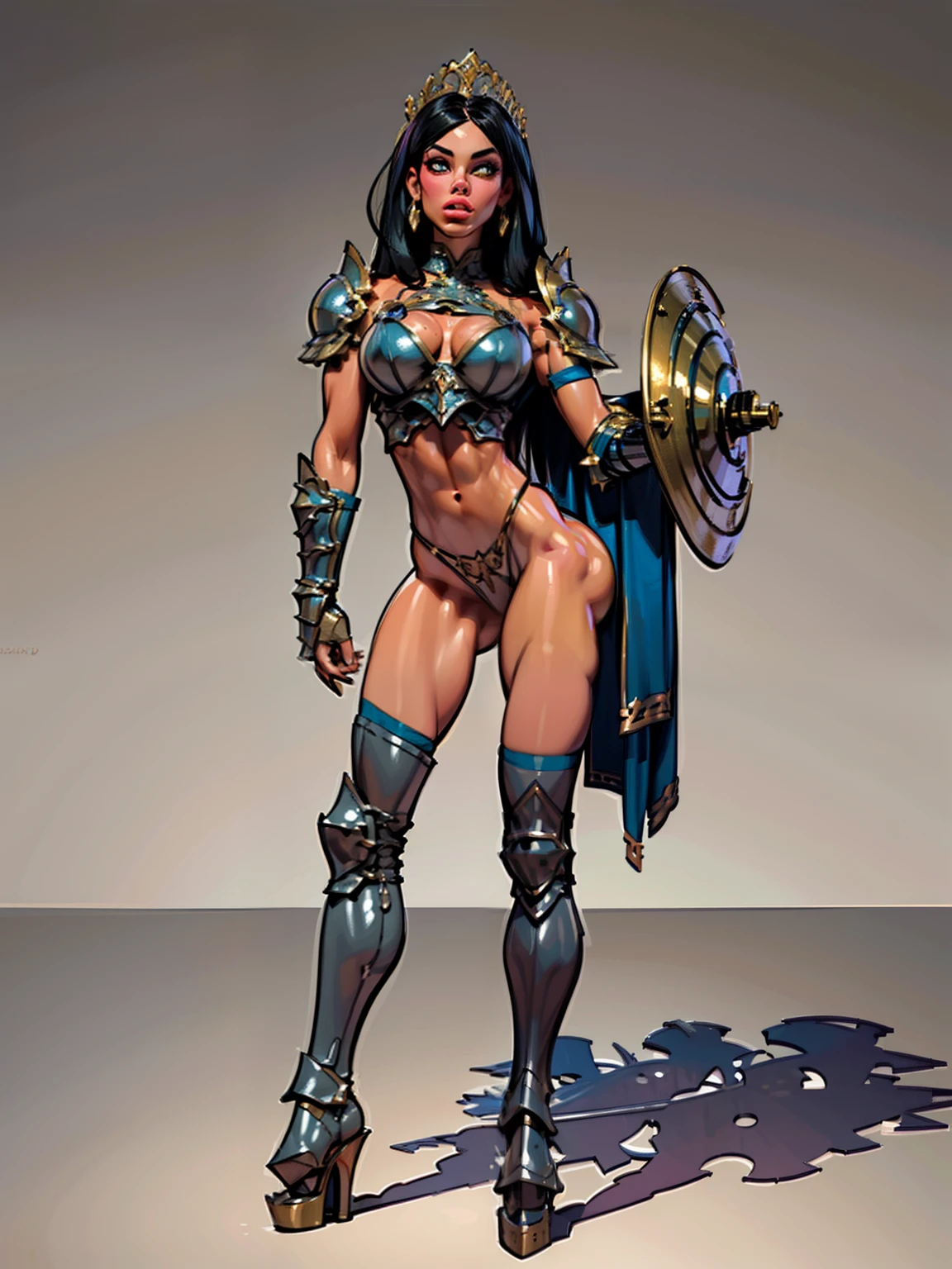 woman, ((long hair)), blackblue hair, ((beautiful)), ((straight hair:1.4)), hair split in middle, adorned in medieval armor, twerking, metal muscles, emanating a medieval elegance and marvel, armor pump bootreastplate)), chrome silver tiara, small armband, (shoulder armor), gauntlets, ((armored thong:1.5)), sword, shield, exposed midriff, (puffy lips:1.3), detailed eyes, ((slendered abs )),((sweaty), wide hips, (puffy lips:1.5), slender abs,rim lighting, side light, cinematic light, ultra high definition, 8k, film grain,best shadow, light particles, detailed skin texture, detailed gem armor texture, detailed face, intricate details, super detailed, bright, spiked heel boots