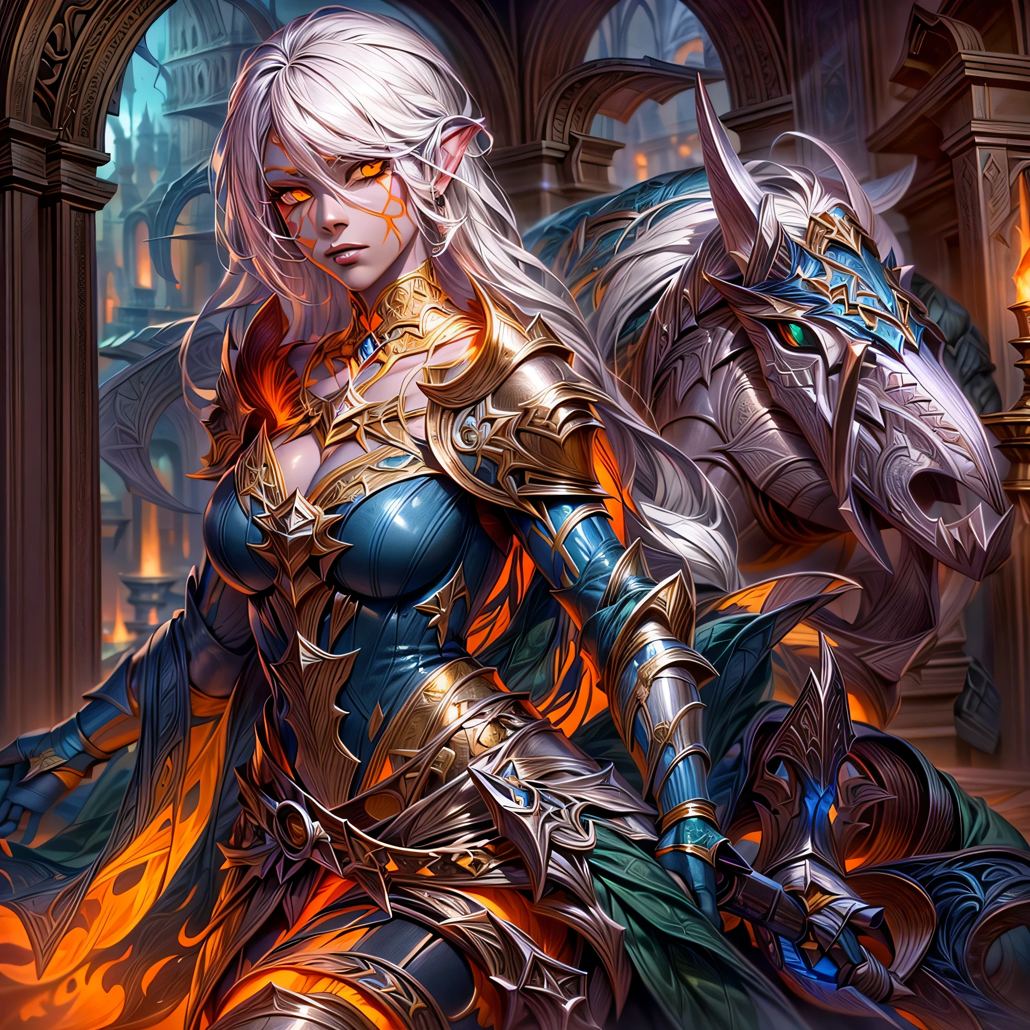 fantasy art, dnd art, RPG art, wide shot, (masterpiece: 1.4) portrait, intense details, highly detailed, photorealistic, best quality, highres, portrait a vedalken female (fantasy art, Masterpiece, best quality: 1.3) ((cobalt skin: 1.5)), intense details facial details, exquisite beauty, (fantasy art, Masterpiece, best quality) cleric, (cobalt colored skin: 1.5) 1person blue_skin, blue skinned female, (white hair: 1.3), long hair, intense green eye, fantasy art, Masterpiece, best quality) armed a fiery sword red fire, wearing heavy (white: 1.3) half plate mail armor CM-Beautiful_armor wearing high heeled laced boots, wearing an(orange :1.3) cloak, wearing glowing holy symbol GlowingRunes_yellow, within fantasy temple background, reflection light, high details, best quality, 16k, [ultra detailed], masterpiece, best quality, (extremely detailed), close up, ultra wide shot, photorealistic, RAW, fantasy art, dnd art, fantasy art, realistic art,