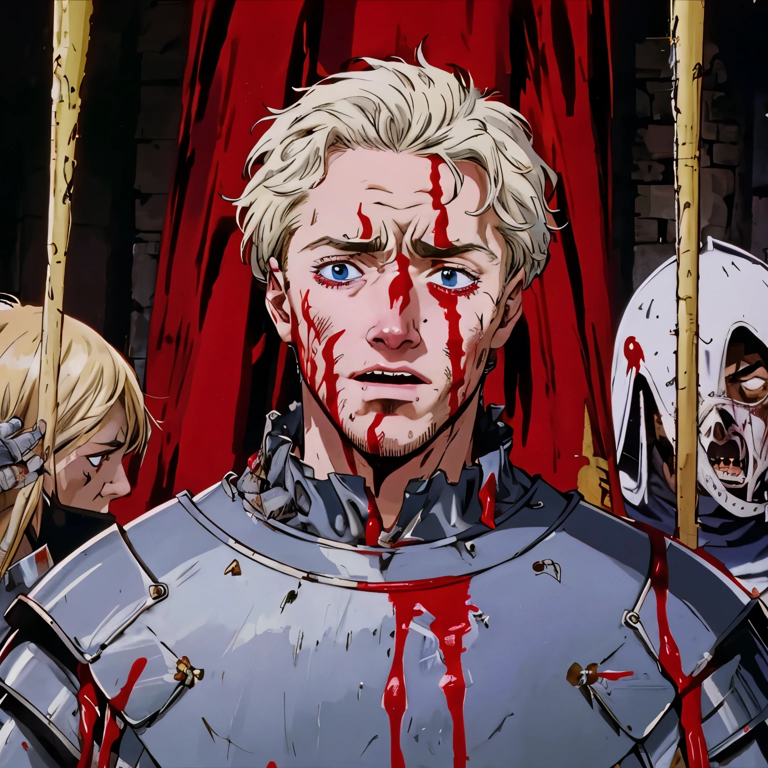 A royal knight covered in blood and with a traumatized expression on his face from the war.