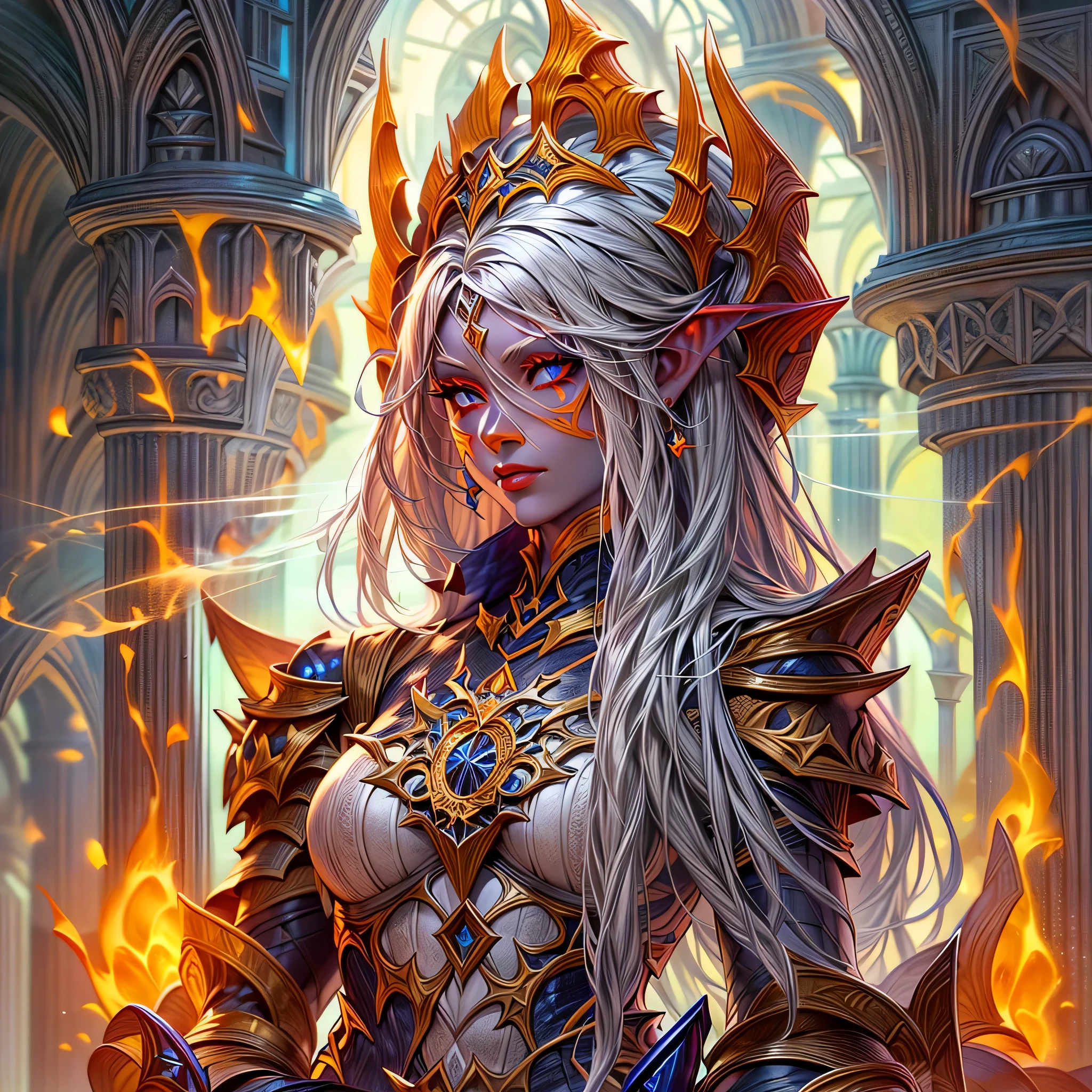 fantasy art, dnd art, RPG art, wide shot, (masterpiece: 1.4) portrait, intense details, highly detailed, photorealistic, best quality, highres, portrait a vedalken female (fantasy art, Masterpiece, best quality: 1.3) ((cobalt skin: 1.5)), intense details facial details, exquisite beauty, (fantasy art, Masterpiece, best quality) cleric, (cobalt colored skin: 1.5) 1person blue_skin, blue skinned female, (white hair: 1.3), long hair, intense green eye, fantasy art, Masterpiece, best quality) armed a fiery sword red fire, wearing heavy (white: 1.3) half plate mail armor CM-Beautiful_armor wearing high heeled laced boots, wearing an(orange :1.3) cloak, wearing glowing holy symbol GlowingRunes_yellow, within fantasy temple background, reflection light, high details, best quality, 16k, [ultra detailed], masterpiece, best quality, (extremely detailed), close up, ultra wide shot, photorealistic, RAW, fantasy art, dnd art, fantasy art, realistic art,