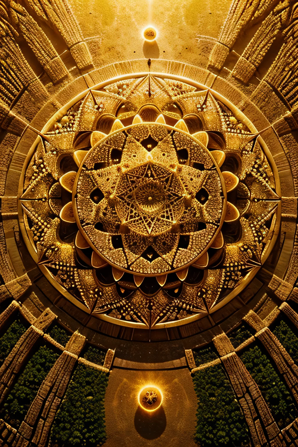 arafed image of a wheat field with crop circles, fractals of circles on it, crop circles, fairy circles, a beautiful land art of a large, land art, cymatics, spores floating in the air, golden orbs, made of swiss cheese wheels, arranged in the golden ratio, cymatics. auditory symbiogenesis, light circles, carved floor, cotton