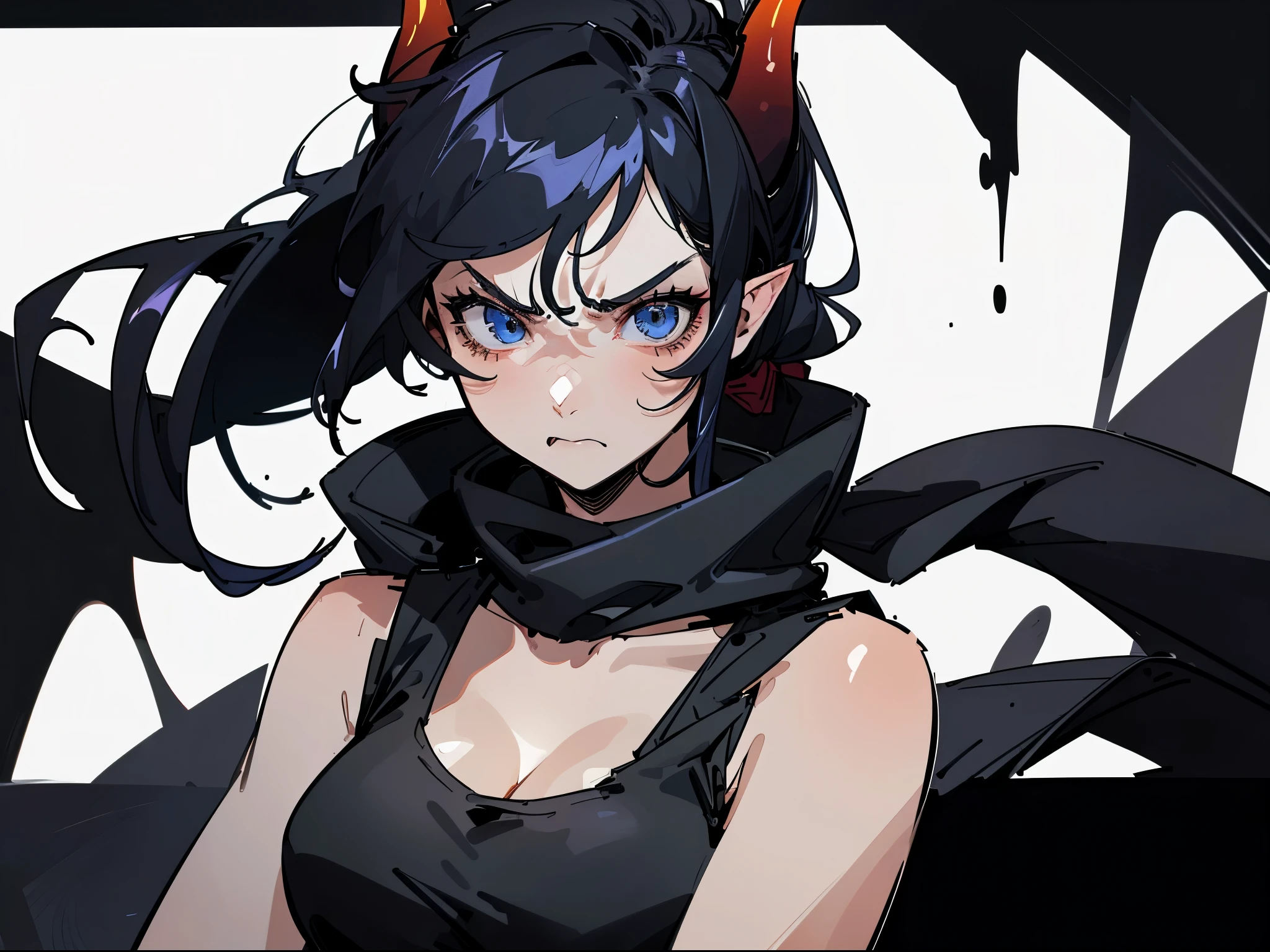 1girl,20s,solo,mature female,high ponytail,long hair,black hair,blue eyes,(((villain,psycho,psychopath,angry))),cleavage,horns,elf ears,((black scarf)),(((black tank top))),(white background, line drawing),portrait