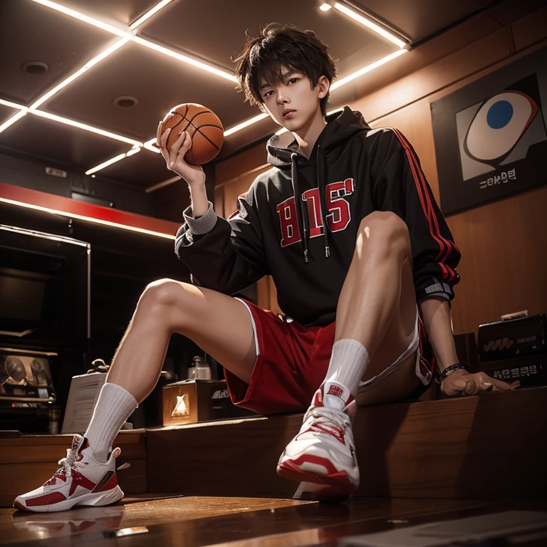 Korean young men,male people,20yr old,Hair is medium length,Red sweatshirt,Black shorts,High-top basketball shoes,sitted,pointing to shoeadass anime 8K