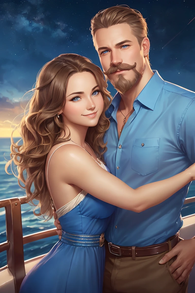 ((A smiling couple in love)), ((woman with wavy brown hair wearing a sundress small breast)), dancing close with ((a masculine man with short blonde hair and a full blonde beard with mustache wearing pants and shirt)), (((blue eyes))), hair with many details, 8k artgerm bokeh, fanart best artstation, render photorealistic, guweiz-style art, inspired by WLOP, ig model | artgerm, detailed, stunning realistic face, beautiful, deviantart artstation cgscosiety, cinematic realistic, high quality portrait, elegant digital painting, photorealistic artstyle, ((cruise ship background)), (( night sky)), ((looking at the camera))