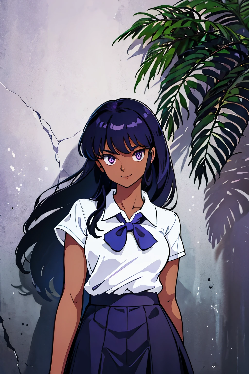 a girl with dark skin and black hair wearing a white polo shirt and a blue skirt with purple eyes, is standing in front of the school and is looking at the camera, her face is smiling and her arms are behind her body, she is standing in front of the camera.long hair sonrisa inocente