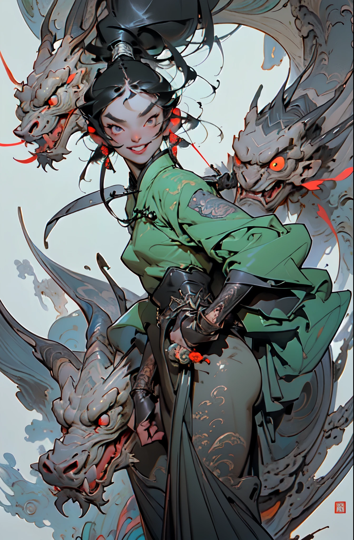 01_Green wooden dragon. Chinese style. Sculpture. A wooden sculpture, next to a cool girl in a leather corset, long dark hair, high black leather jackboots, black gloves on her hands, and metal spikes on her shoulders. Rock star, super beauty against the background of a sculpture made of wood, a green dragon - in the Chinese style., 02_ Highly detailed textures, the highest quality (Girl with white skin, in black boots with spikes and a corset (cool-sexy). Side lighting, warm light, cold shadows. Chiaroscuro, contrasting shapes, volume, and depth of the image. Slight blur in the background Dust squeaks underfoot, an old wooden sculpture, and soft lighting., 03_Highest quality, cinematic rendering. The epic setting, Chinese-style sculpture, and one character - a girl. Contrast lighting, warm light, soft - deep cold shadows. Ocher, seppia, cold lateral reflex. (Dark leather, metal, and several colors decorate the composition). The highest 3D rendering, cinema, animation, masterpiece. Unrea, black hair, french braid, crossed bangs, long hair, ponytail, smile, open mouth, Surrealism, Color Field painting, chiaroscuro, depth of field, cinematic lighting, drop shadow, UHD, retina, masterpiece, anatomically correct, textured skin, super detail, high details, high quality, award winning, highres, 16k