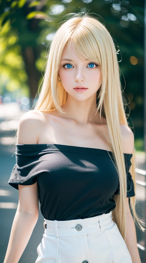 1girl in, age19, Solo, super long blonde hair, Colossal tits, Looking at Viewer, Bright blonde hair, Blonde color that changes depending on the lighting、big bright blue eyes、very big eyes、messy bangs between eyes、Bare shoulders, jewely, Full body, (Very detailed 8k wallpaper), Soft lighting, High quality, Film grain, Fujifilm XT3 sharp focus, F 5.6, high detailing, Sharp Focus,(Natural light), (gros-plan:1.2), (Seductive), off shoulder t-shirt, Realistic, A sexy