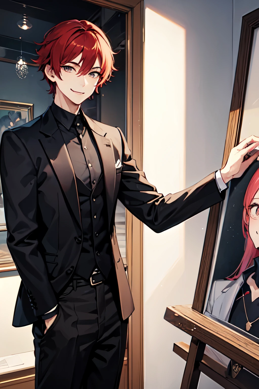 male, 1guy, artist, drawing art, smiling, red hair, black eyes, cool outfit, male face, handsome