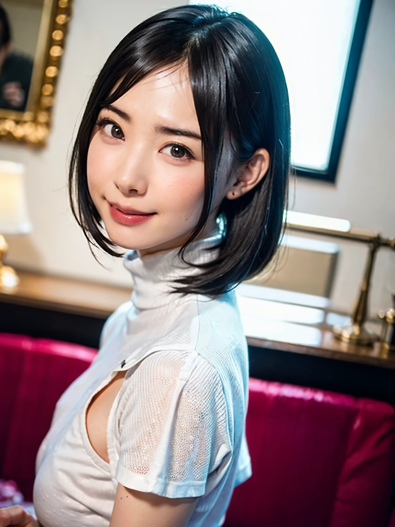 (masutepiece, top-quality、high-detail:1.4、Very attractive beauty、Add intense highlights to the eyes、Look firmly at the camera:1.4、A beautiful woman full of charm、Ideal ratio body proportions、Perfect Anatomy、Brunette Short Bob Hair、Lustrous hair、bangss:1.4、光沢のあるbangss:1.4、lipgloss),1girl in, report, Light brown shiny hair, muffler,realisitic, looking at the viewers、Tilt your head slightly, Bright colored crystal light blue eyes, short shiny hair、 White turtleneck outfit with a hole in the center of the chest,Sexy white turtleneck knit sweater with a round hole in the middle of the chest、 s lips, lipgloss, The upper part of the body、big eye、Lashes、A little red in the face、Embarrassing)、((italian road in winter))、((short hair with big eyes、Put very strong highlights in your students、{Gigantic|Big|Huge|Mega} breasts:1.4、very Bigger breasts、gazing at viewer、Very beautiful beauty、Put your ears out、long neck、little smiling、Beautiful teeth、Open your mouth and smile、Heart-shaped pupil))、28 year old、Very cute supermodel、bangss:1.7、艶のあるbangss:1.7