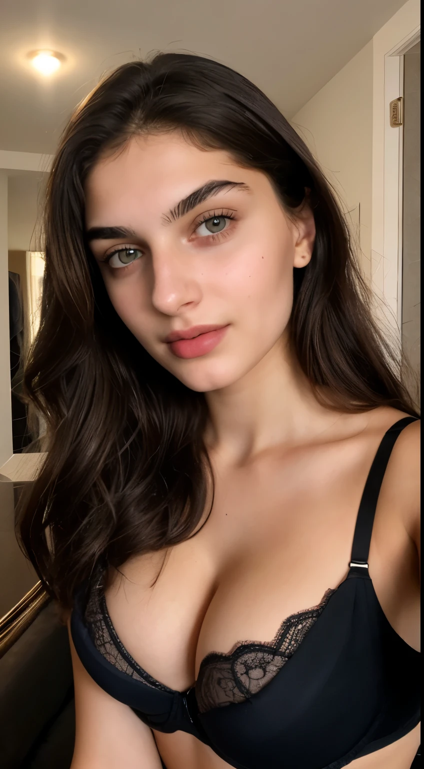 ((Front facing camera selfie)), 18 yo girl named Zahra Amiri, ((straight nose)), (prominent nose bridge), (female face golden ratios), long dense dark brown hair, (pale skin:0.5), thin eyebrows, (brown eyes:1.2), high cheekbones, beautiful plump lips, big 32E natural breasts, wearing black bra, apartment background, smirk