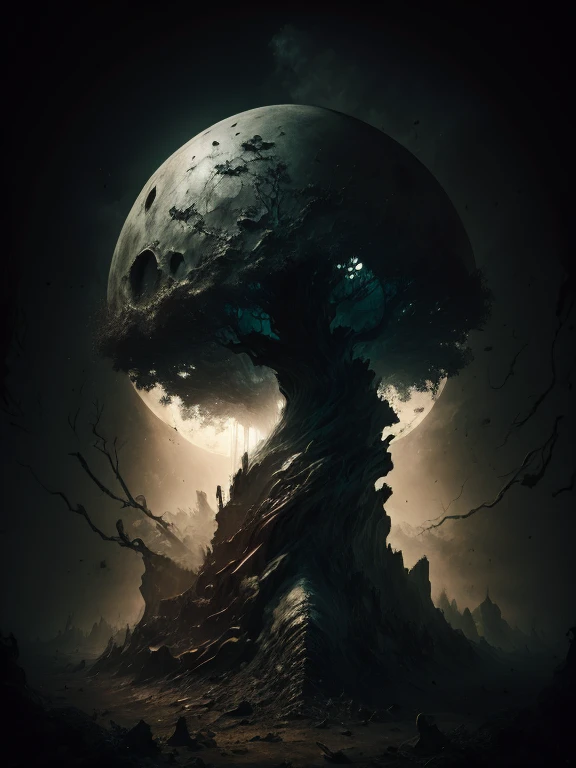 bone tree in dark wood., blanco y negro , estilo de terror, craneos en el suelo, Realistic photography ,dust and scratches .