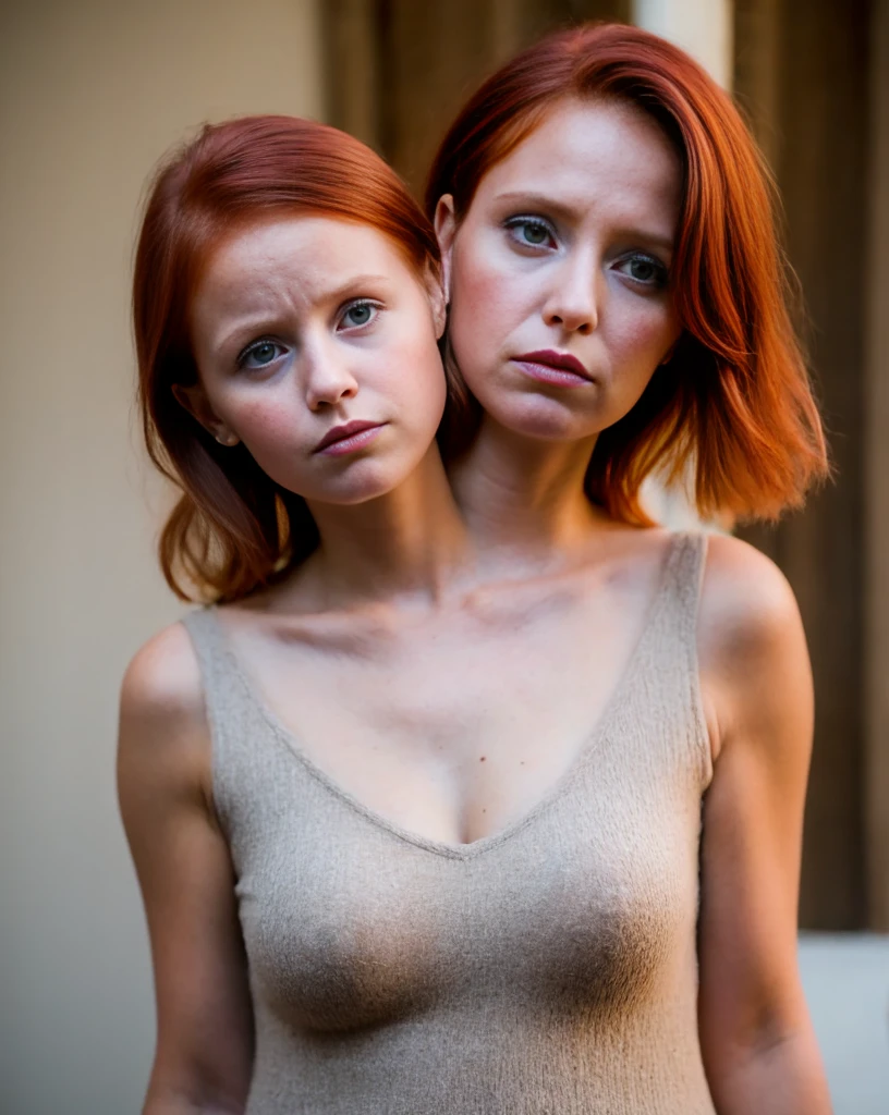 Two headed girl, (a toddler child and her 27 year old mom:1.5), (a redhead and a brunette:1.3), (uncomfortable and annoyed:1.3)