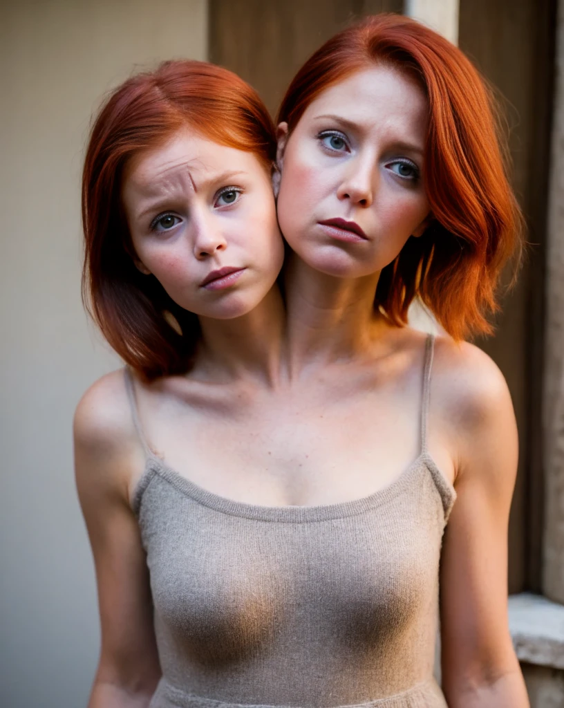 Two headed girl, (a toddler child and her 27 year old mom:1.5), (a redhead and a brunette:1.3), (uncomfortable and annoyed:1.3)
