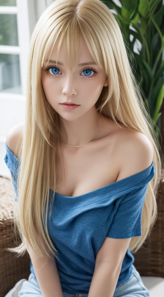 1girl in, 19, Solo, super long blonde hair, Colossal tits, Looking at Viewer, Bright blonde hair, Blonde color that changes depending on the lighting、big bright blue eyes、very big eyes、messy bangs between eyes、Bare shoulders, jewely, Full body, (Very detailed 8k wallpaper), Soft lighting, High quality, Film grain, Fujifilm XT3 sharp focus, F 5.6, high detailing, Sharp Focus,(Natural light), (gros-plan:1.2), (Seductive), off shoulder t-shirt, Realistic, A sexy