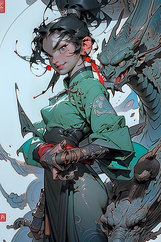 01_Green wooden dragon. Chinese style. Sculpture. A wooden sculpture, next to a cool girl in a leather corset, long dark hair, high black leather jackboots, black gloves on her hands, and metal spikes on her shoulders. Rock star, super beauty against the background of a sculpture made of wood, a green dragon - in the Chinese style., 02_ Highly detailed textures, the highest quality (Girl with white skin, in black boots with spikes and a corset (cool-sexy). Side lighting, warm light, cold shadows. Chiaroscuro, contrasting shapes, volume, and depth of the image. Slight blur in the background Dust squeaks underfoot, an old wooden sculpture, and soft lighting., 03_Highest quality, cinematic rendering. The epic setting, Chinese-style sculpture, and one character - a girl. Contrast lighting, warm light, soft - deep cold shadows. Ocher, seppia, cold lateral reflex. (Dark leather, metal, and several colors decorate the composition). The highest 3D rendering, cinema, animation, masterpiece. Unrea, black hair, french braid, crossed bangs, long hair, ponytail, smile, open mouth, Surrealism, Color Field painting, chiaroscuro, depth of field, cinematic lighting, drop shadow, UHD, retina, masterpiece, anatomically correct, textured skin, super detail, high details, high quality, award winning, highres, 16k