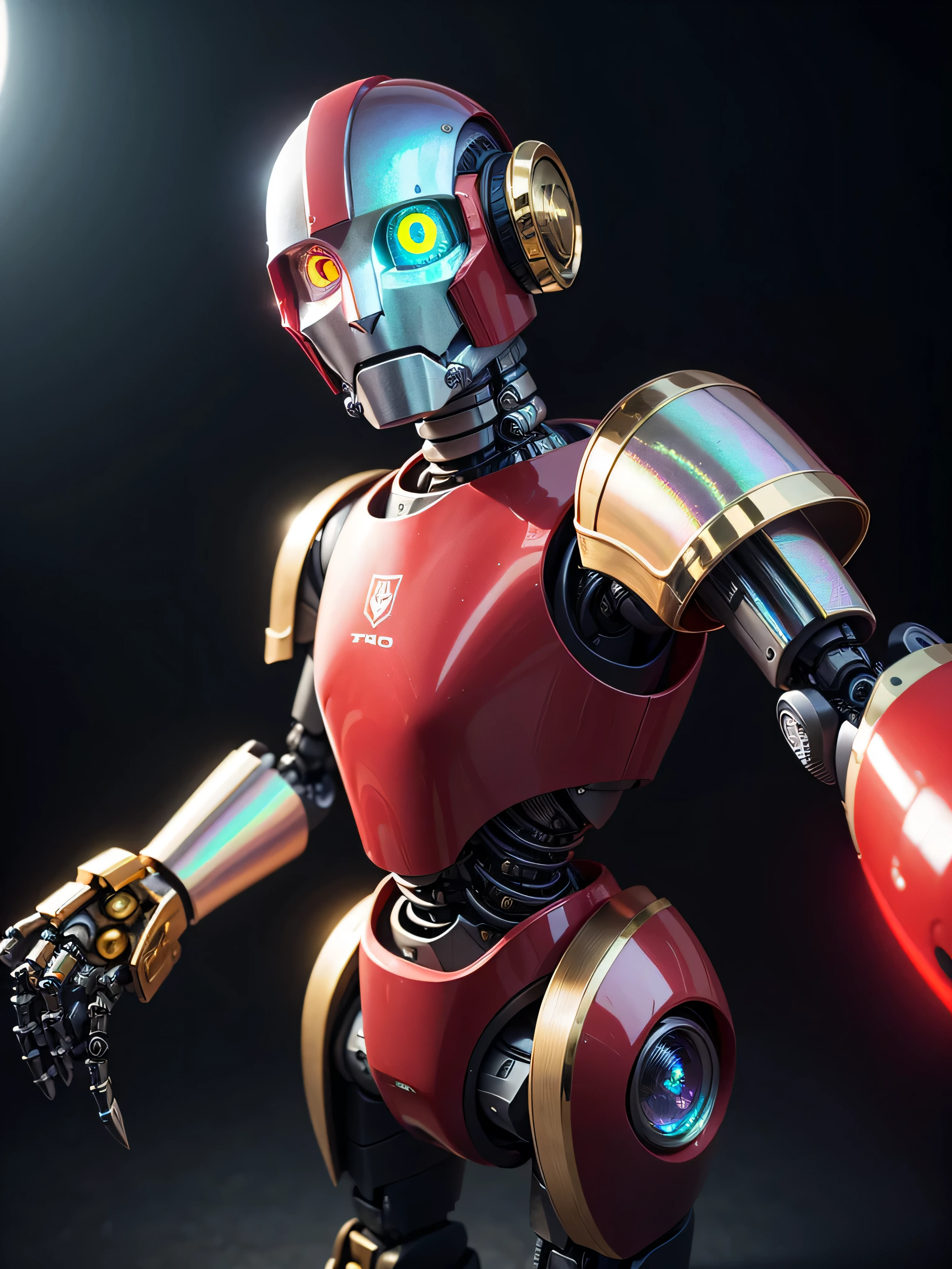 ((best quality: 1.5)) ((masterpiece: 0.8)), intricate details, sharp focus, professional, photorealistic, real life, ((((solo) masculine robot, protocol droid, ((mechanical arm, cyborg face))))) bright glow, dynamic pose, in the style of realistic and hyper detailed renderings, zbrush, hyper realistic oil, contoured shading, dark room, dark background, black background, solo, BREAK; BREAK (((((glowing eyes, selfie: 1.6, joyful expression))))), ((fujicolor)), BREAK; BREAK ((((futuristic (lacquered crimson translucent crystal armor, (wrist spike, iridescent brass))), photorealistic, hyper-realistic)))
