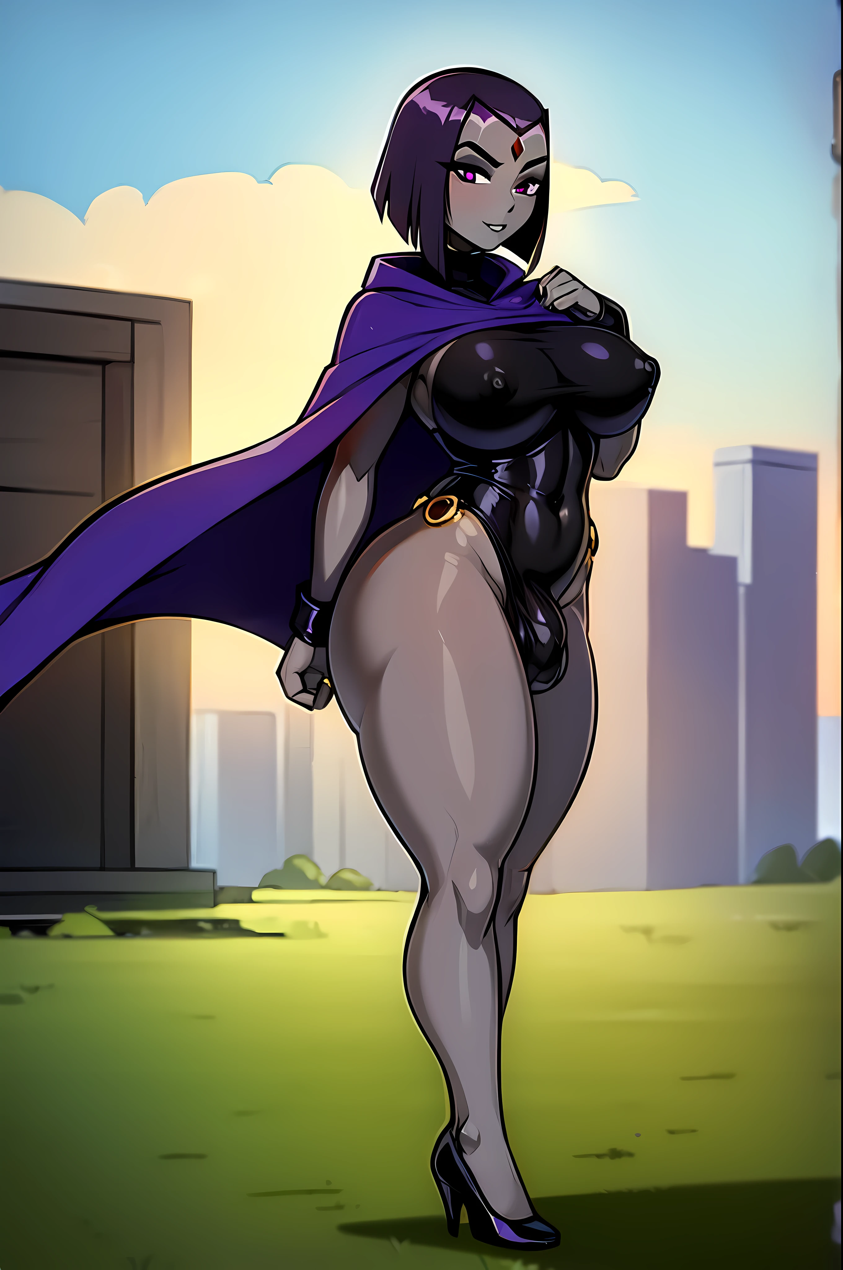 (grey skin:1.4), (solo:1.1),(masterpiece), (best quality:1.3), highly detailed, intricate, professional art, digital art, absurdres, Shadraven, grey skin, 1girl, solo, (Full body:1.1) ,dark purple hair, dark purple hooded cloak, bob hair, red jewel in forehead, gold belt with red jewels, gold hoop earrings ,high heels, purple eyes, (black turtleneck long sleeve leotard:1.1), pear shaped figure, small breasts, (small breasts:1.1), (covered breasts), (aroused:1.2), futanari, (huge :1.1), medium penis, penis covered my clothing, bubble butt, thick thighs, pubic hair, huge testicles, crotch bulge, huge testicle bulge between thighs , (black makeup 1:1), Black lipstick, full lips, BREAK outdoors, dim lighting, graveyard, night time, BREAK fontal view, standing, BREAK