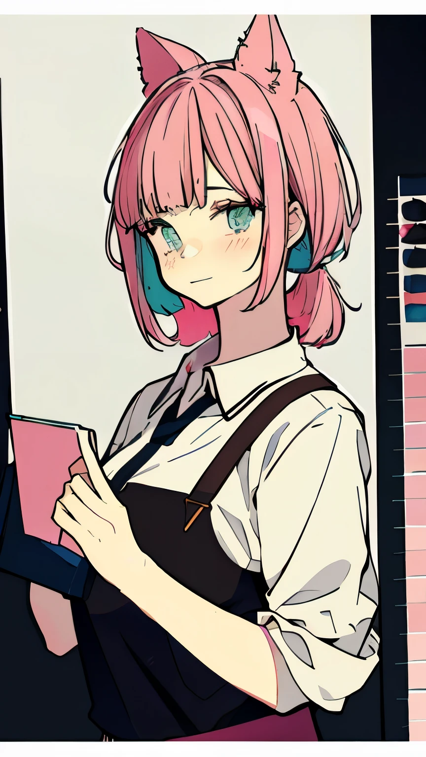 white  shirt、sketchbook、Pink hair、bob cuts、blunt bangs、Painting of a woman with cat ears and a cat tail, anime moe art style, an anime drawing, anime style portrait, an anime girlのポートレート, Anime Paintings, anime style drawing, anime sketch, an anime girlのポートレート, anime portrait, an anime girl,  Anime Girl, Anime shading), Anime shading, comic drawing