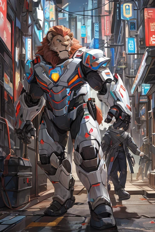 male Lion, robot, android, lion. red, white and blue armor. Cyber Cities