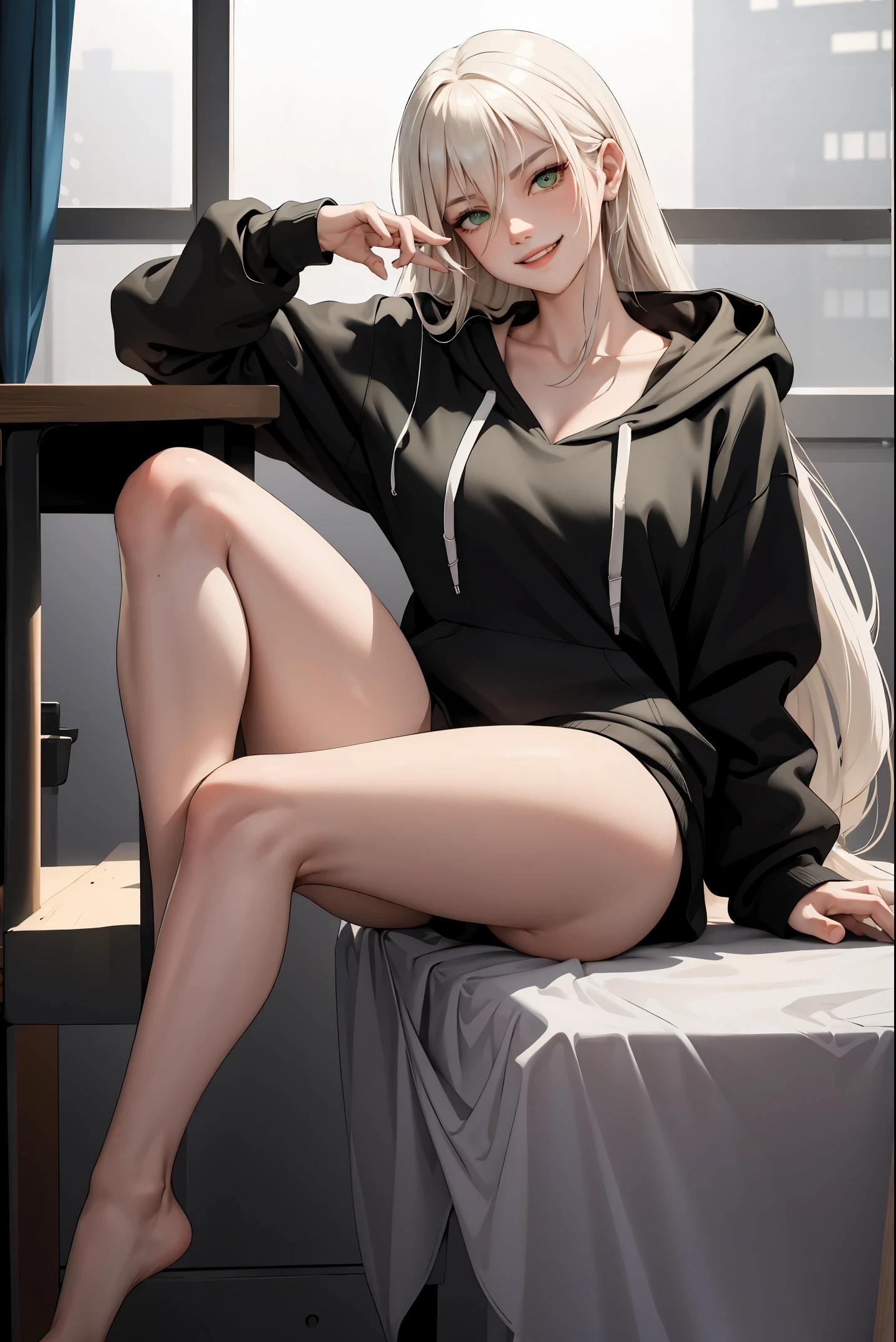 (masterpiece:1.2, best quality), (real picture, intricate details), 1lady, solo, upper body, showing legs, sitting down, school, school settings, long hair, minimal makeup, detailed face, evil smirk, evil expression, mean, really long light platinum blonde hair, bangs, hair between eyes, green eyes, big plump breasts, big ass, SFW, clothes, bare thighs, thighs, no pants, bare legs, oversized hoodie, hoodie, bare legs and hoodie, hoodie and bare legs, lifting hoodie to show panties, lifting hoodie up, lifting clothes, (school classroom), (school), (mean smile), (mean girl), (innocent pose, mean smile)