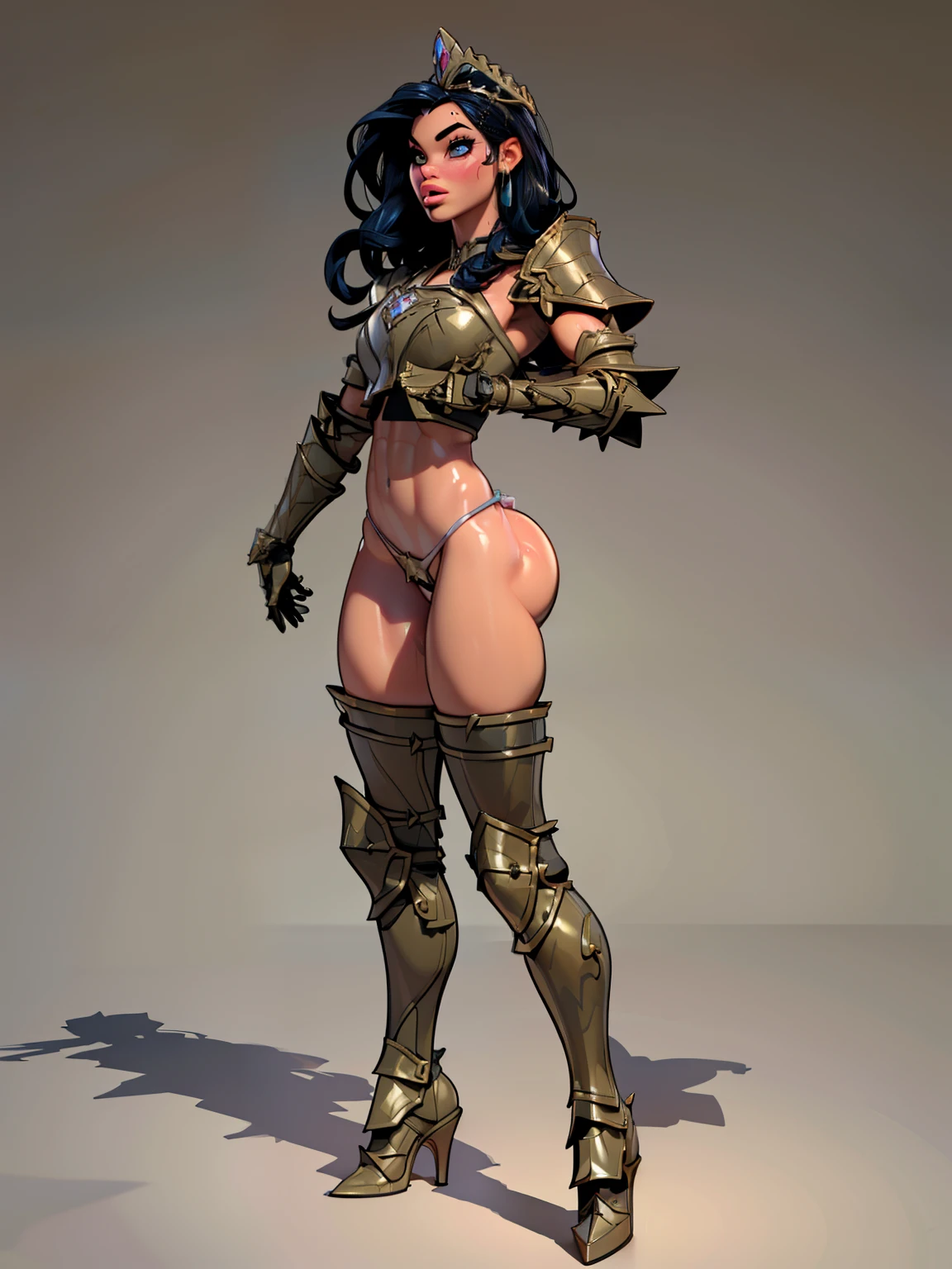 ((3d render)), woman, ((long hair)), blackblue hair, ((beautiful)), ((straight hair:1.4)), hair split in middle, adorned in medieval armor, twerking, metal muscles, emanating a medieval elegance and marvel, armor pump bootreastplate)), chrome silver tiara, small armband, (shoulder armor), gauntlets, ((armored thong:1.5)), sword, shield, exposed midriff, (puffy lips:1.3), detailed eyes, ((slendered abs )),((sweaty), wide hips, (puffy lips:1.5), slender abs,rim lighting, side light, cinematic light, ultra high definition, 8k, film grain,best shadow, light particles, detailed skin texture, detailed gem armor texture, detailed face, intricate details, super detailed, bright, spiked heel boots