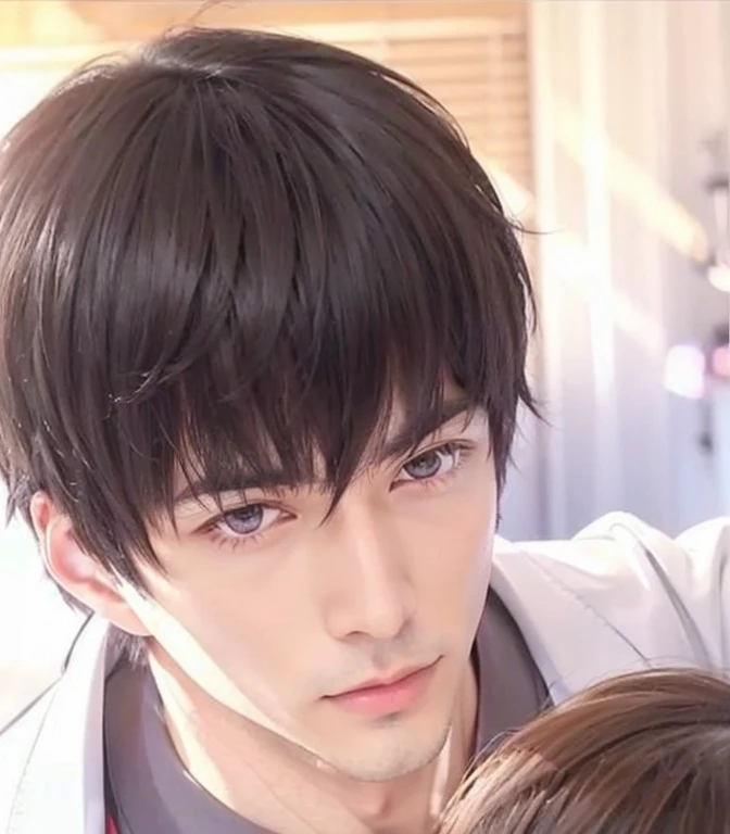 anime handsome man, a handsome man, black short hair, straight thick bangs, straight front bangs, unparted print bangs, handsome professor, center unparted hair, Lucien xumo, Mr love queens choice, purple eyes, 30 years old, teasing smile, heavy eyelid, narrow eyes, bedroom eyes, thin eyebrows, clean smooth shaven, no stubble