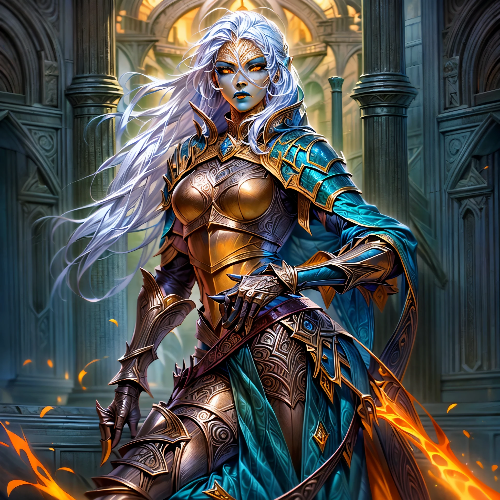 fantasy art, dnd art, RPG art, wide shot, (masterpiece: 1.4) portrait, intense details, highly detailed, photorealistic, best quality, highres, portrait a vedalken female (fantasy art, Masterpiece, best quality: 1.3) ((blue skin: 1.5)), intense details facial details, exquisite beauty, (fantasy art, Masterpiece, best quality) cleric, (blue colored skin: 1.5) 1person blue_skin, blue skinned female, (white hair: 1.3), long hair, intense green eye, fantasy art, Masterpiece, best quality) armed a fiery sword red fire, wearing heavy (white: 1.3) half plate mail armor CM-Beautiful_armor wearing high heeled laced boots, wearing an(orange :1.3) cloak, wearing glowing holy symbol GlowingRunes_yellow, within fantasy temple background, reflection light, high details, best quality, 16k, [ultra detailed], masterpiece, best quality, (extremely detailed), close up, ultra wide shot, photorealistic, RAW, fantasy art, dnd art, fantasy art, realistic art,