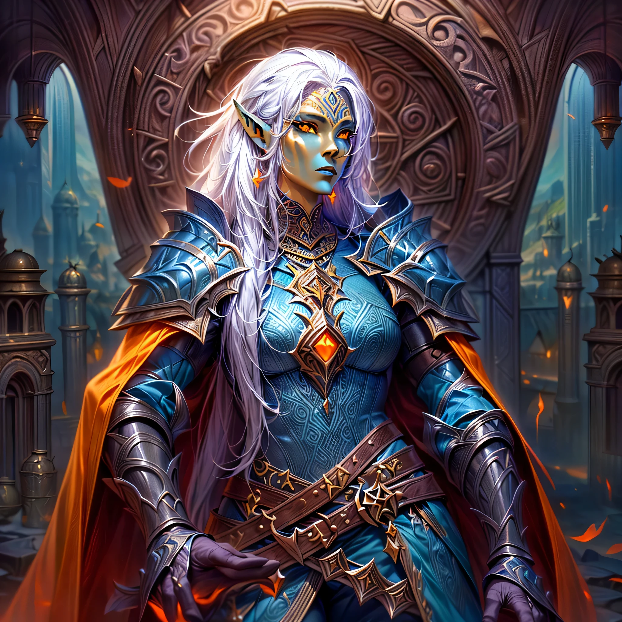 fantasy art, dnd art, RPG art, wide shot, (masterpiece: 1.4) portrait, intense details, highly detailed, photorealistic, best quality, highres, portrait a vedalken female (fantasy art, Masterpiece, best quality: 1.3) ((blue skin: 1.5)), intense details facial details, exquisite beauty, (fantasy art, Masterpiece, best quality) cleric, (blue colored skin: 1.5) 1person blue_skin, blue skinned female, (white hair: 1.3), long hair, intense green eye, fantasy art, Masterpiece, best quality) armed a fiery sword red fire, wearing heavy (white: 1.3) half plate mail armor CM-Beautiful_armor wearing high heeled laced boots, wearing an(orange :1.3) cloak, wearing glowing holy symbol GlowingRunes_yellow, within fantasy temple background, reflection light, high details, best quality, 16k, [ultra detailed], masterpiece, best quality, (extremely detailed), close up, ultra wide shot, photorealistic, RAW, fantasy art, dnd art, fantasy art, realistic art,