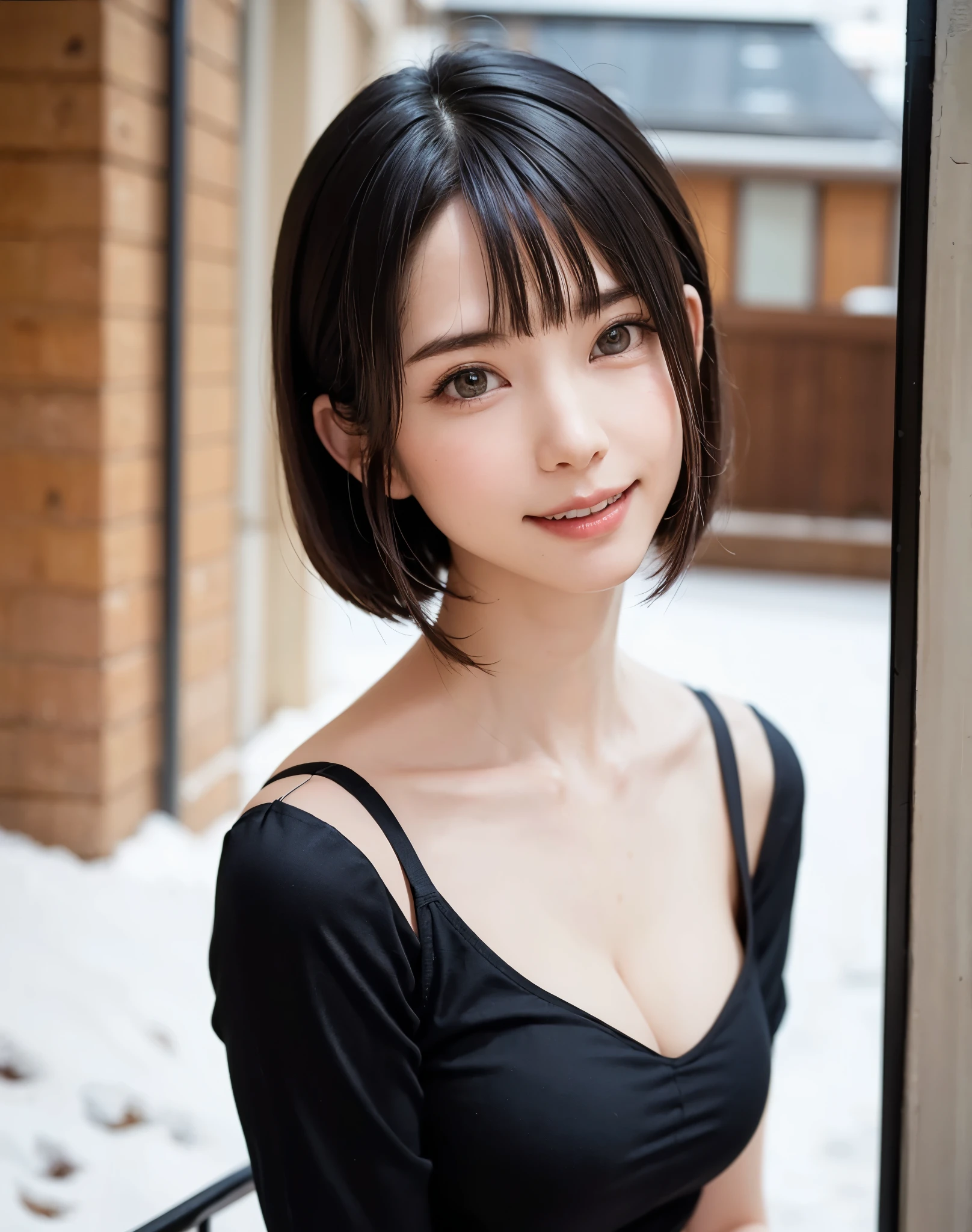(masterpiece, top-quality),1girl in, 独奏, hyper realisitic, Photorealistic,realisitic, looking at the viewers, brown eyes of light color:1.4,Brunette short bob hair with highly detailed shiny hair, Winter clothes in bright colors, lepangas:1.4), plein air, a closed mouth, The upper part of the body、big eye、Lashes、{Gigantic|Big|Huge|Mega} breasts:1.4, cleavage:1.4、(((big eye、Short bob hair、Intense highlights of the pupils、gazing at viewer、She is a very beautiful and cute beauty、Put your ears out、long neck、smil、Close your mouth and smil、bangs beautiful teeth)))、Ideal ratio body proportions、(Snow-covered tree-lined streets in Norway in winter)