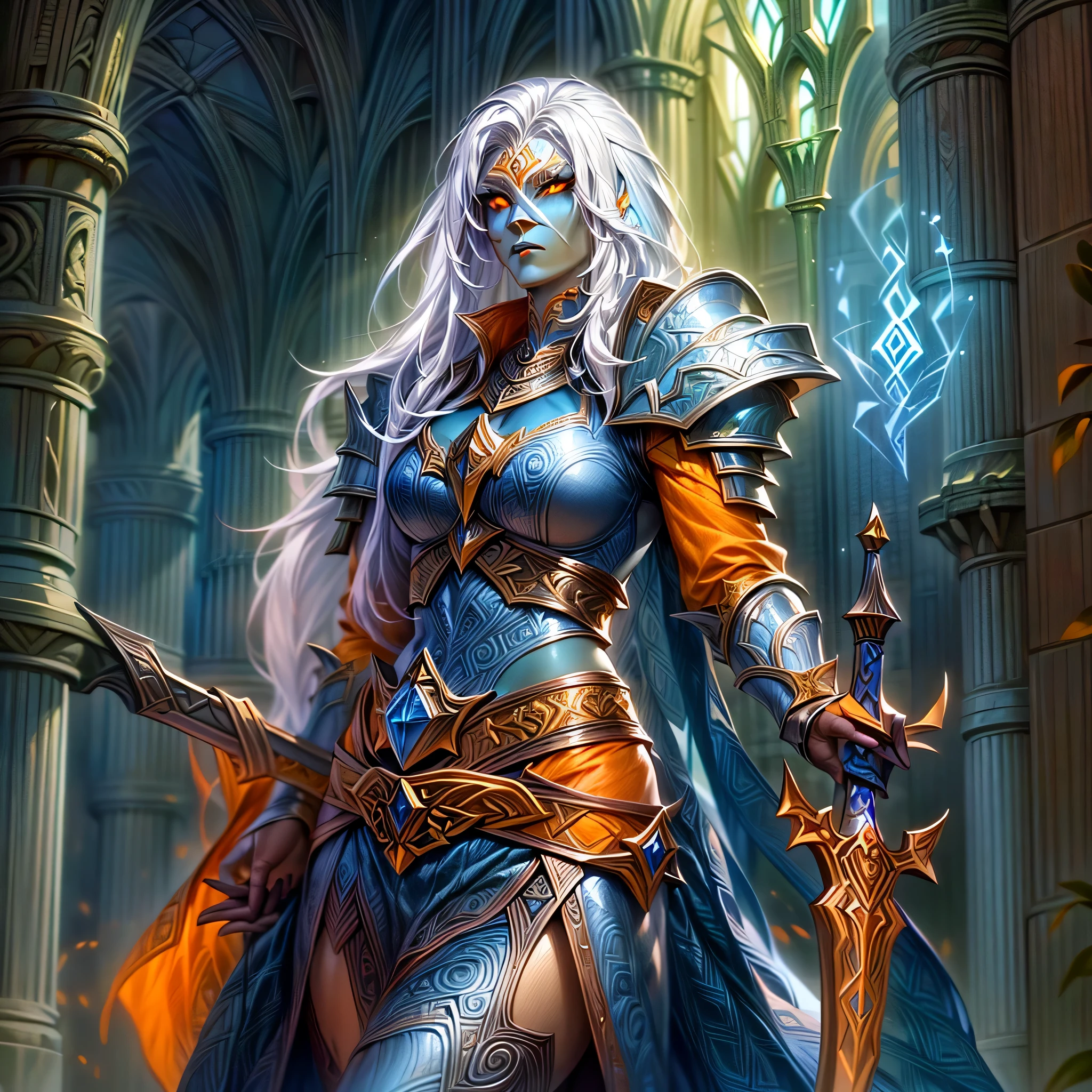 fantasy art, dnd art, RPG art, wide shot, (masterpiece: 1.4) portrait, intense details, highly detailed, photorealistic, best quality, highres, portrait a vedalken female (fantasy art, Masterpiece, best quality: 1.3) ((blue skin: 1.5)), intense details facial details, exquisite beauty, (fantasy art, Masterpiece, best quality) cleric, (blue colored skin: 1.5) 1person blue_skin, blue skinned female, (white hair: 1.3), long hair, intense green eye, fantasy art, Masterpiece, best quality) armed a fiery sword red fire, wearing heavy (white: 1.3) half plate mail armor CM-Beautiful_armor wearing high heeled laced boots, wearing an(orange :1.3) cloak, wearing glowing holy symbol GlowingRunes_yellow, within fantasy temple background, reflection light, high details, best quality, 16k, [ultra detailed], masterpiece, best quality, (extremely detailed), close up, ultra wide shot, photorealistic, RAW, fantasy art, dnd art, fantasy art, realistic art,