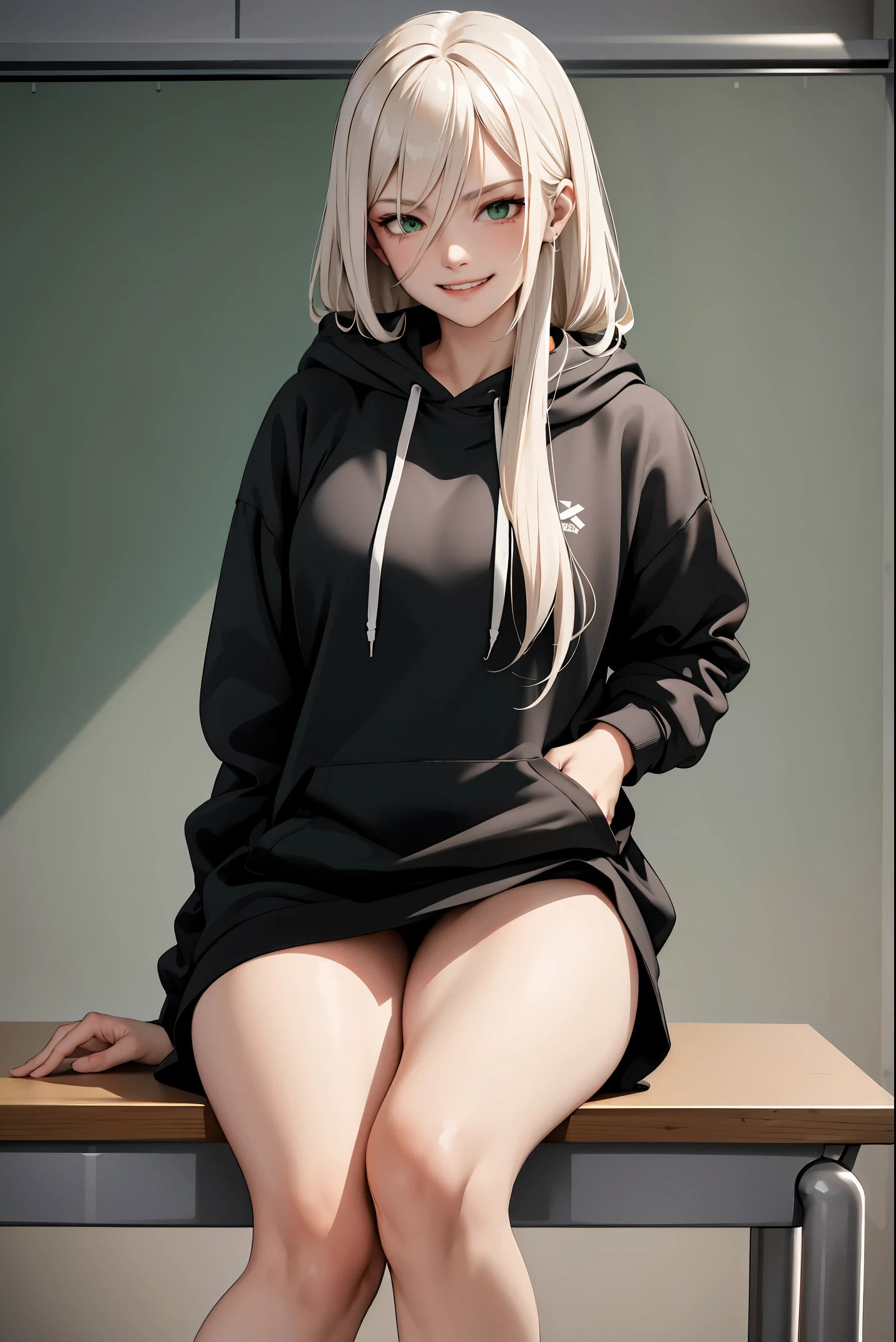 (masterpiece:1.2, best quality), (real picture, intricate details), 1lady, solo, upper body, showing legs, sitting down, school, school settings, long hair, minimal makeup, detailed face, evil smirk, evil expression, mean, really long light platinum blonde hair, bangs, hair between eyes, green eyes, big plump breasts, big ass, SFW, clothes, bare thighs, thighs, no pants, bare legs, oversized hoodie, hoodie, bare legs and hoodie, hoodie and bare legs, (school classroom), (school), (mean smile), (mean girl), (innocent pose, mean smile)