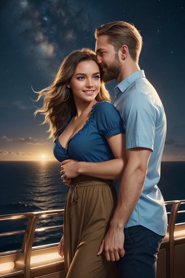 ((A smiling couple in love)), ((woman with wavy brown hair wearing a sundress small breast)), dancing close with ((a masculine man with short blonde hair and a full blonde beard wearing pants and shirt)), (((blue eyes))), hair with many details, 8k artgerm bokeh, fanart best artstation, render photorealistic, guweiz-style art, inspired by WLOP, ig model | artgerm, detailed, stunning realistic face, beautiful, deviantart artstation cgscosiety, cinematic realistic, high quality portrait, elegant digital painting, photorealistic artstyle, ((cruise ship background)), ((night sky)), ((in love))