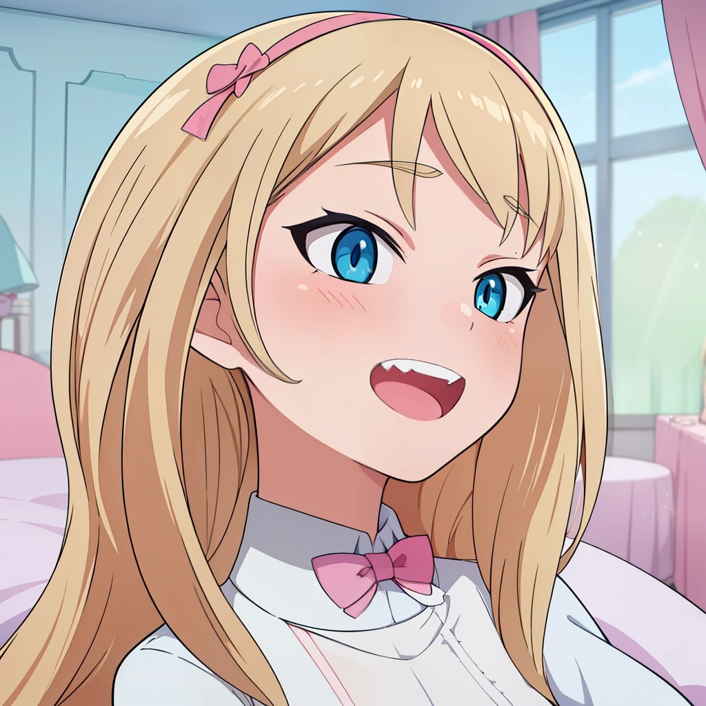 hiquality, tmasterpiece (One teenage girl). blonde woman. blue eyes. ssmile. open mouth with teeth. white shirt. Pink Bow. room at background.