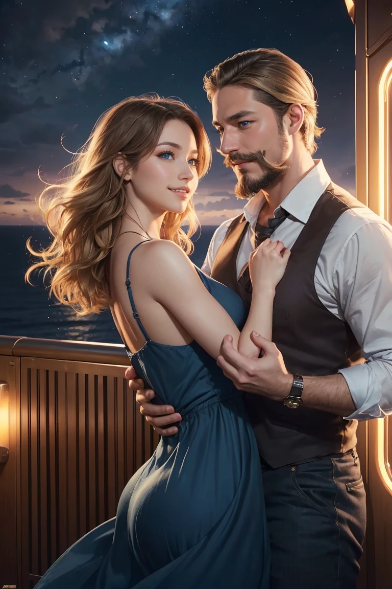 ((A smiling couple in love)), ((woman with wavy brown hair wearing a sundress small breast)), dancing with ((a masculine man with short blonde hair and a full blonde beard with mustache)), (((blue eyes))), hair with many details, 8k artgerm bokeh, fanart best artstation, render photorealistic, guweiz-style art, inspired by WLOP, ig model | artgerm, detailed, stunning realistic face, beautiful, deviantart artstation cgscosiety, cinematic realistic, high quality portrait, elegant digital painting, photorealistic artstyle, ((cruise ship)), ((night sky)), ((in love))