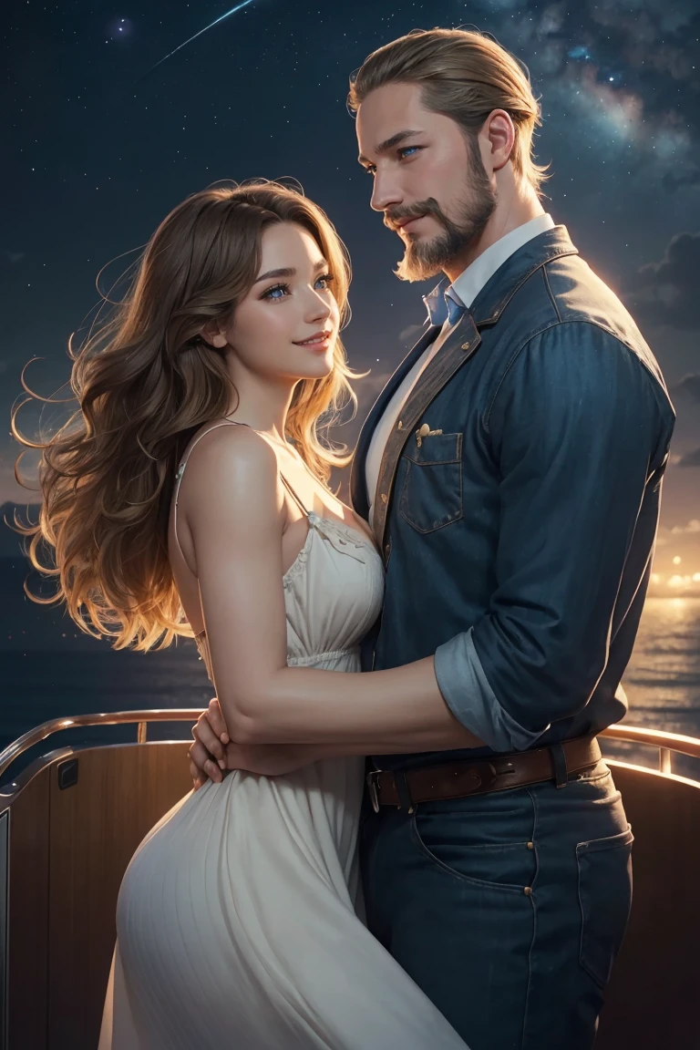 ((A smiling couple in love)), ((woman with wavy brown hair wearing a sundress small breast)), dancing with ((a masculine man with short blonde hair and a full blonde beard with mustache)), (((blue eyes))), hair with many details, 8k artgerm bokeh, fanart best artstation, render photorealistic, guweiz-style art, inspired by WLOP, ig model | artgerm, detailed, stunning realistic face, beautiful, deviantart artstation cgscosiety, cinematic realistic, high quality portrait, elegant digital painting, photorealistic artstyle, ((cruise ship)), ((night sky)), ((in love))