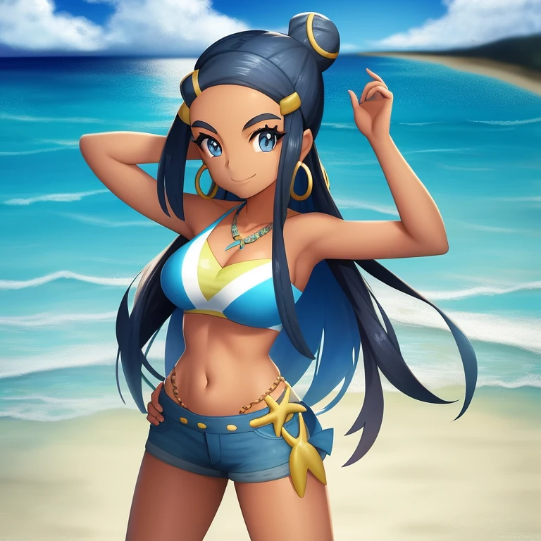 nessa \(pokemon\), beach, 1girl, solo, cowboy shot, standing, looking at viewer, smile, closed mouth, hand in own hair, hand on hip, bikini, hair bun, hair ornament, hoop earrings, belly chain, necklace,