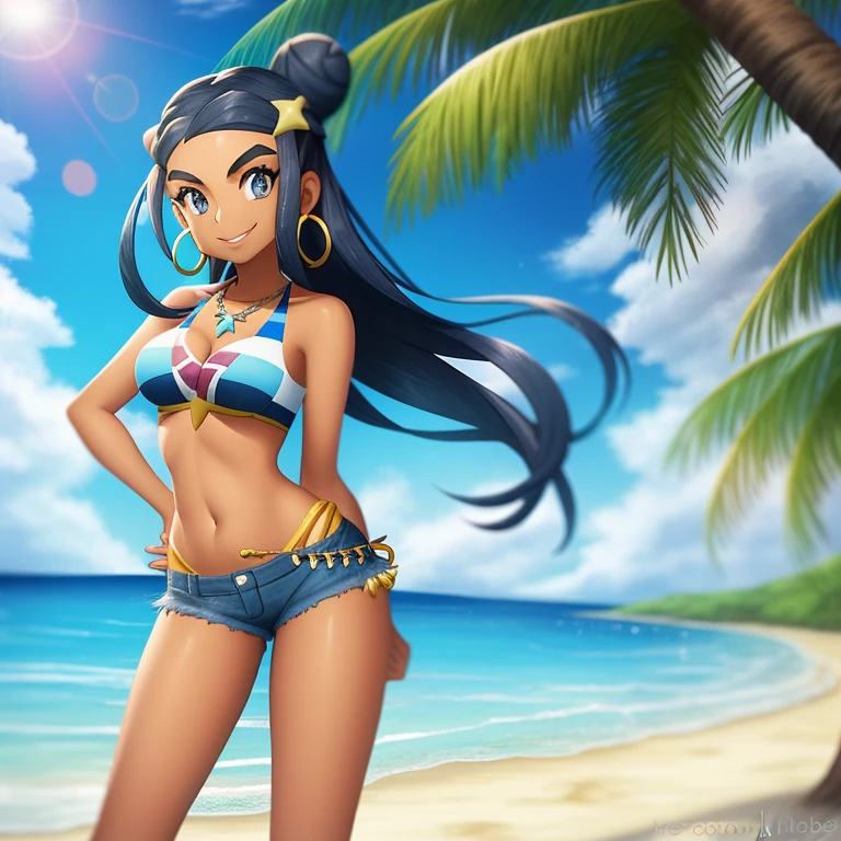 nessa \(pokemon\), beach, 1girl, solo, cowboy shot, standing, looking at viewer, smile, closed mouth, hand in own hair, hand on hip, bikini, hair bun, hair ornament, hoop earrings, belly chain, necklace,