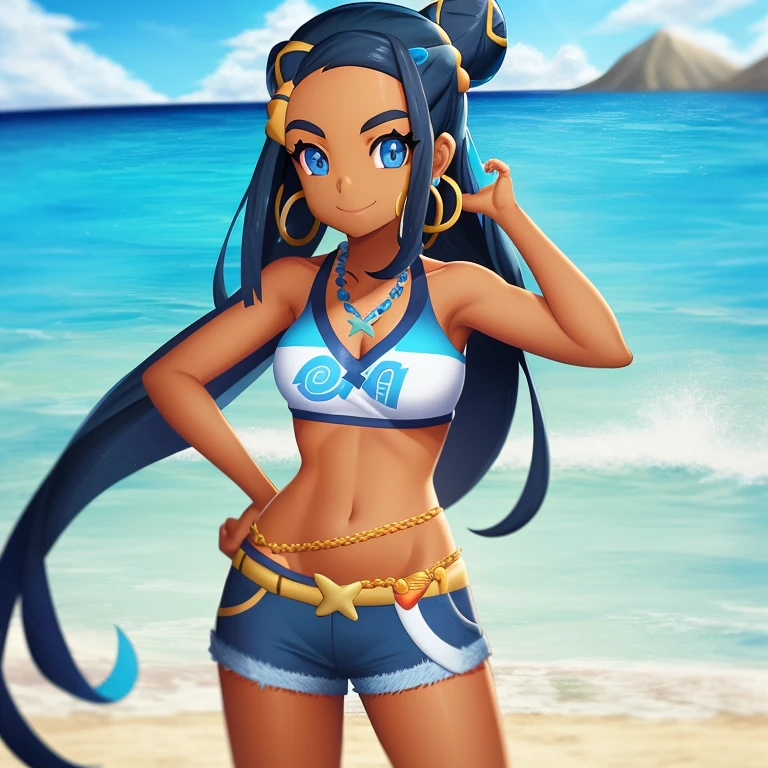 nessa \(pokemon\), beach, 1girl, solo, cowboy shot, standing, looking at viewer, smile, closed mouth, hand in own hair, hand on hip, bikini, hair bun, hair ornament, hoop earrings, belly chain, necklace,